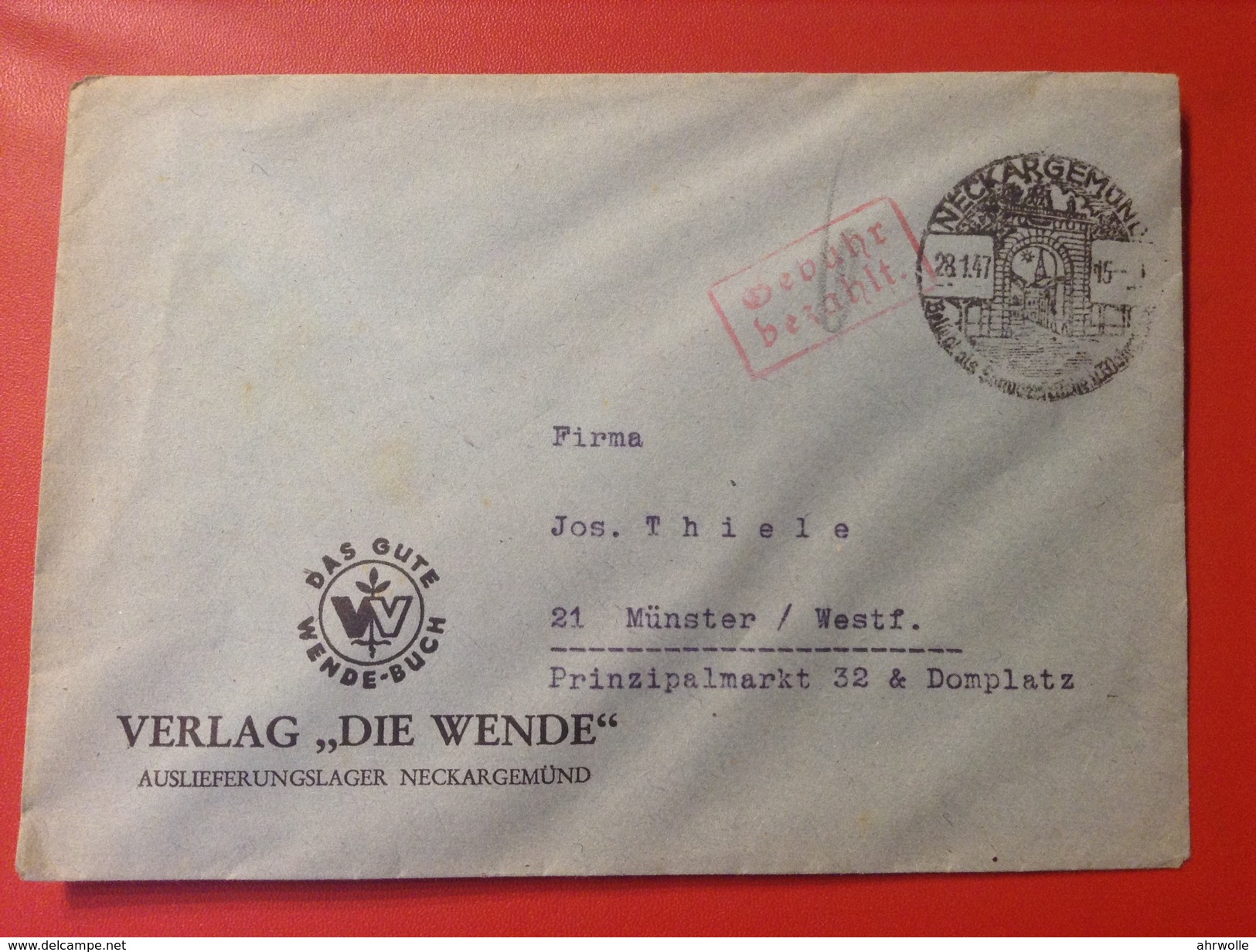 Brief Neckargemünd Verlag Die Wende 1947 Mit Stempel Gebühr Bezahlt Nach Münster - Covers & Documents