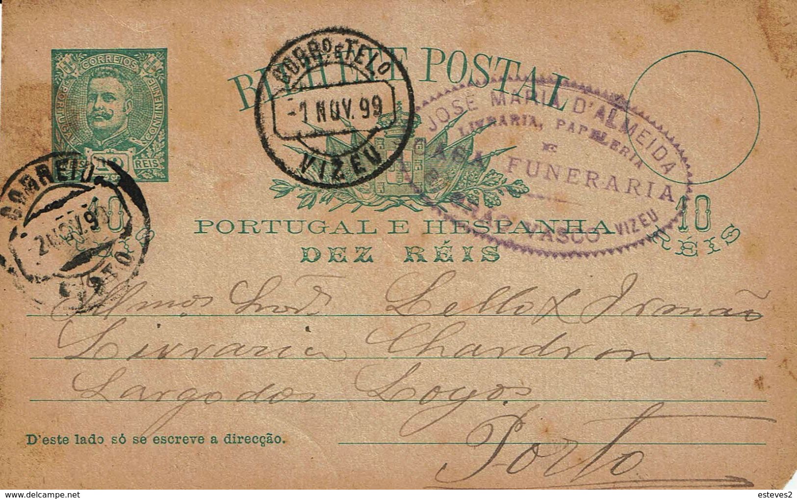 Portugal , 1899 , VIZEU Postmark , Stationery , Entier , D. Carlos , 10c , Casa Funeraria - Poststempel (Marcophilie)