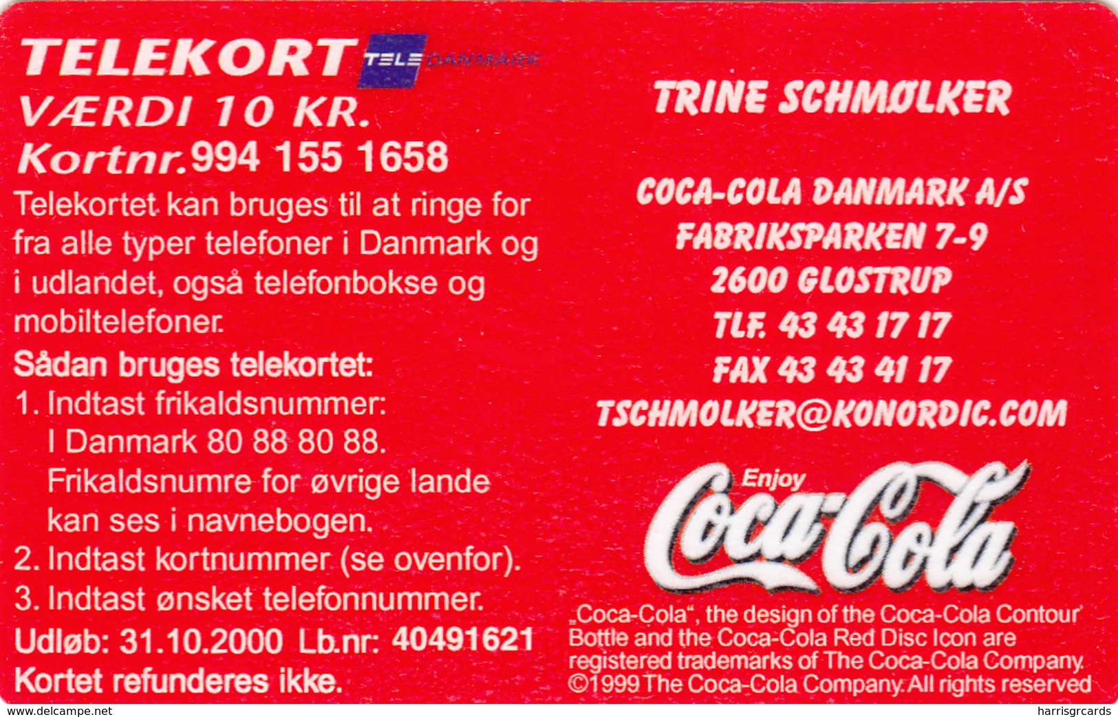 DENMARK - Coca-Cola Visitkort, Trine Schmølker, CP019, Tirage 250,  Used - Denmark