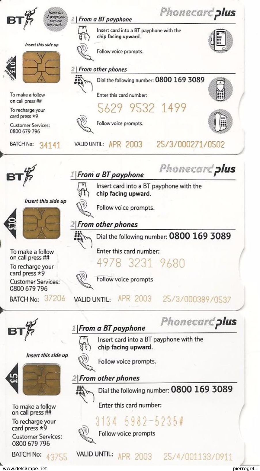 4-CARTES+PUCE-SA1--BRITISH TELECOM-3£-5£:10£-Sans Valeur-04/2003-TBE-RARE - BT Phonecard Plus