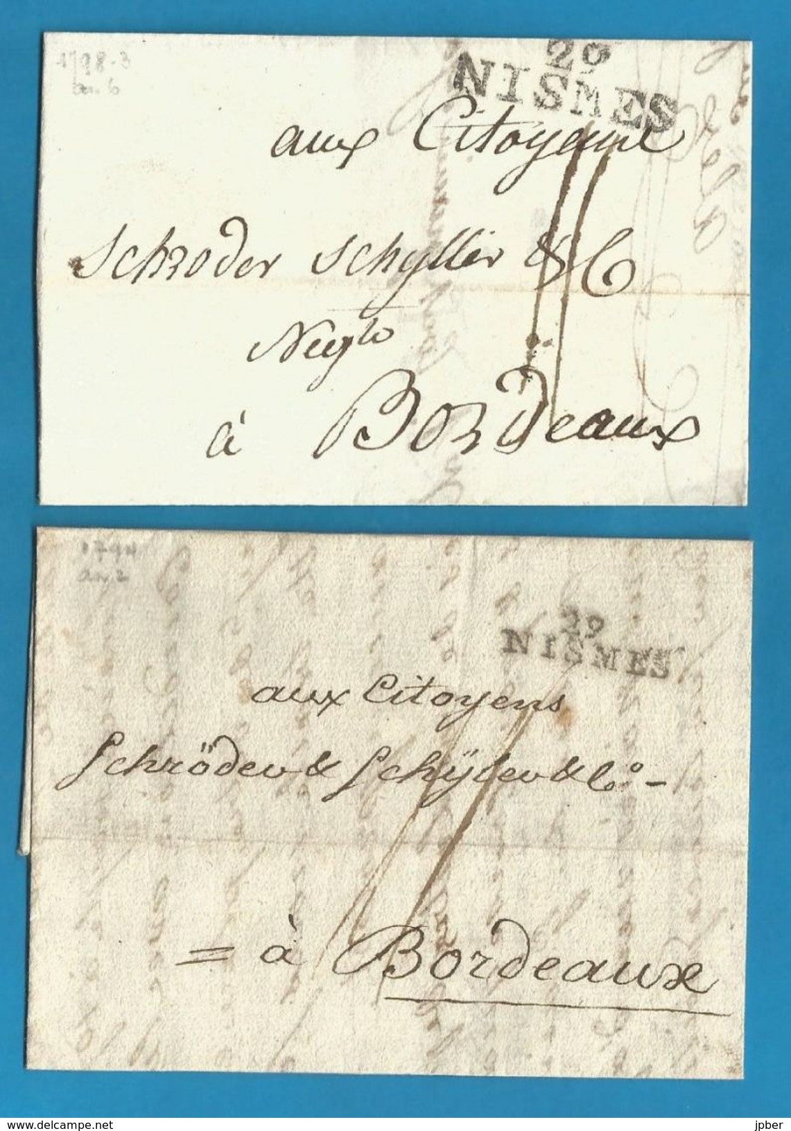 (W2-22) France - 2 LAC De Nismes (29 NISMES Noir Petites Et Grandes Lettres) à Bordeaux De AN VI Et AN II - 1701-1800: Précurseurs XVIII