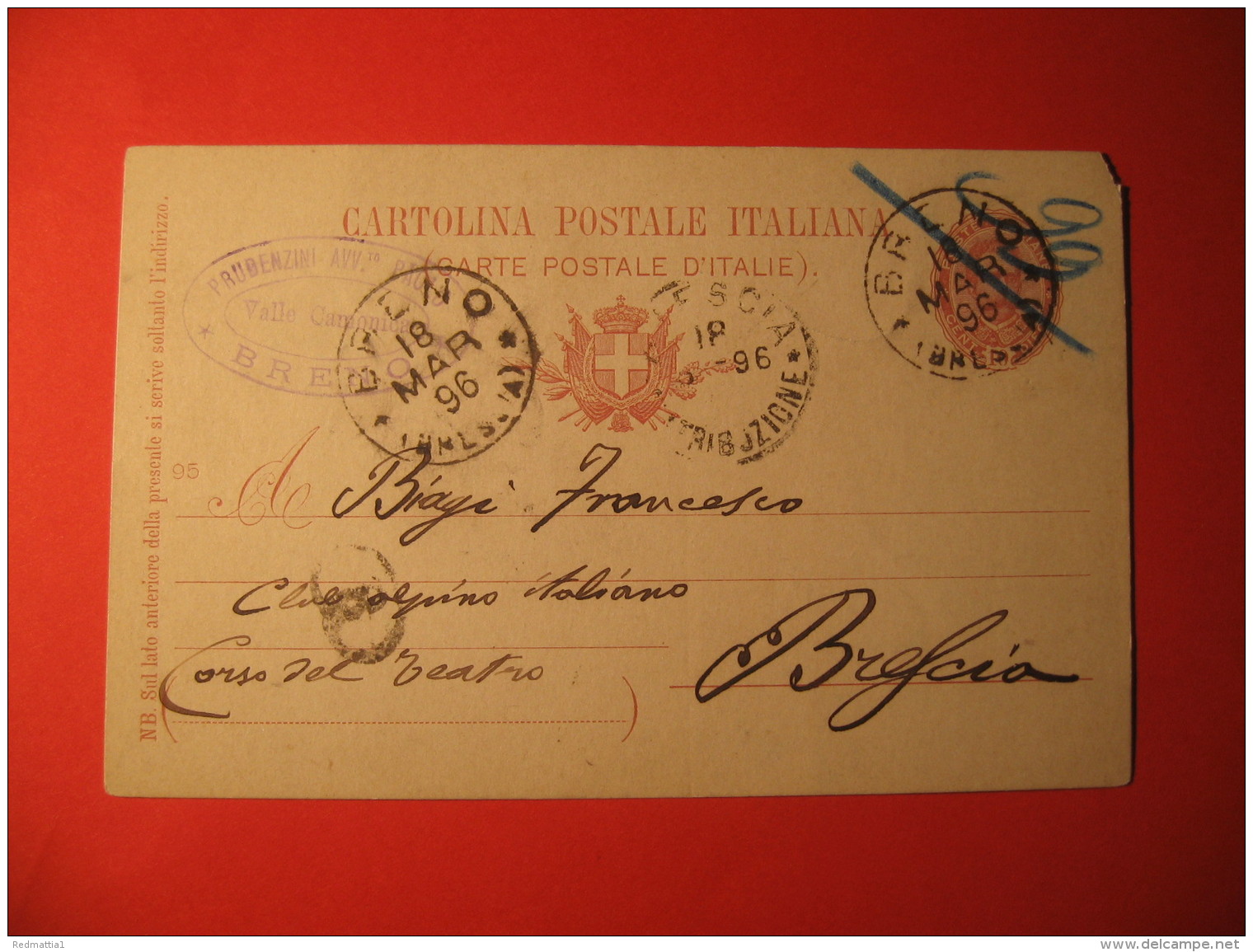 Italia Cartolina Postale 10 Centesimi ANNULLO  BRENO PRUDENZINI AVV    160 - Unclassified
