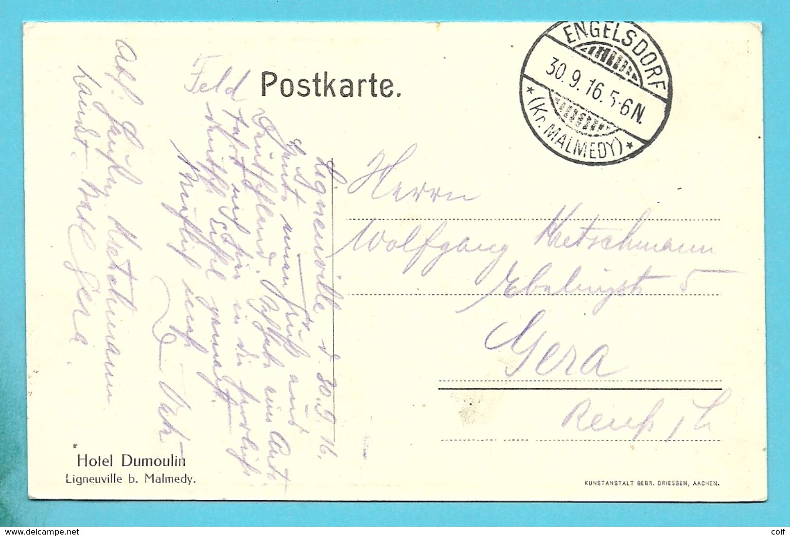 Kaart Met Stempel ENGELSDORF / (Kr.MALMEDY) (duits Type) Op 30/9/1916 (Oostkantons) (cantons De L'Est) - OC55/105 Eupen & Malmédy