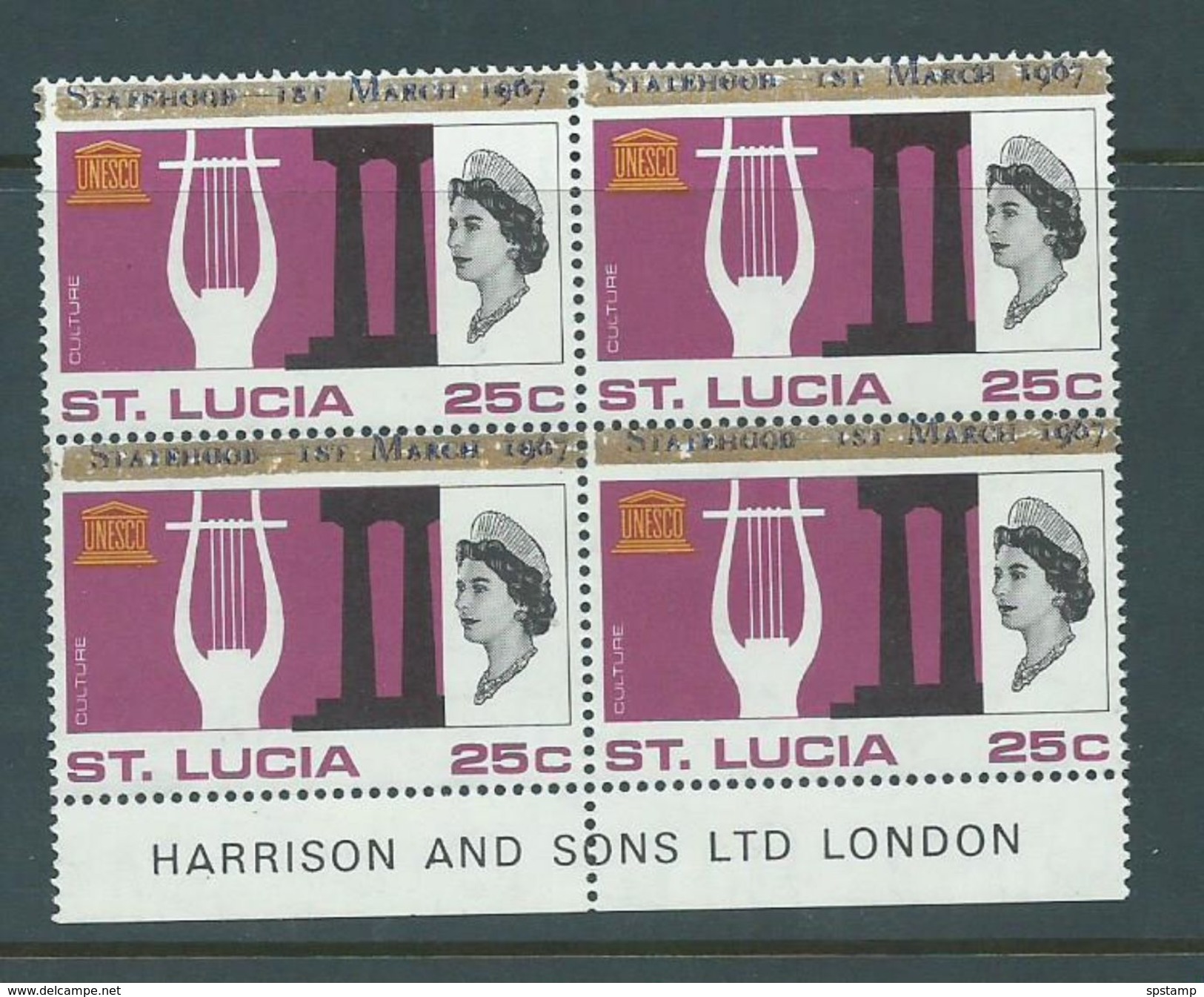 Saint Lucia 1967 Unauthorised  Statehood Overprint In Blue On 25c UNESCO MNH Harrison Imprint Block Of 4 - St.Lucia (1979-...)