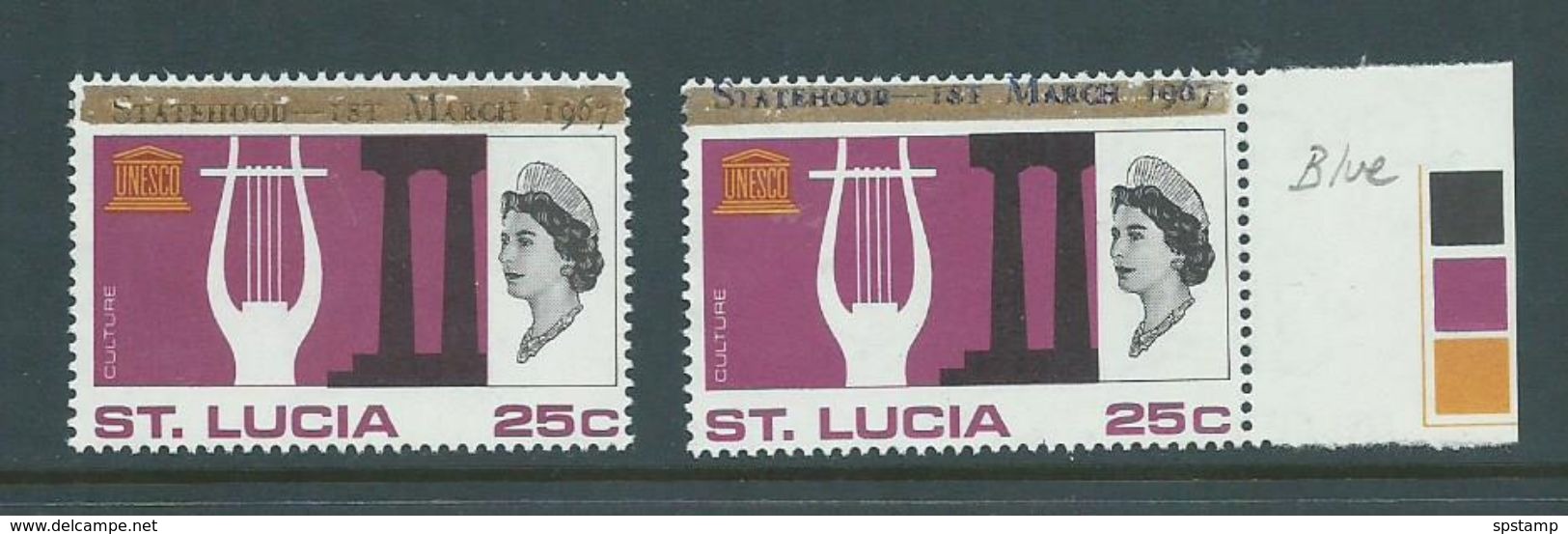 Saint Lucia 1967 Unauthorised  Statehood Overprints In Black & Blue On 25c UNESCO MNH - St.Lucia (1979-...)