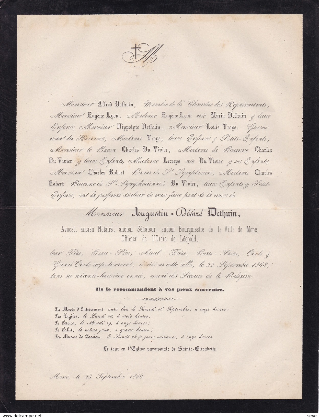 MONS Ancien Bourgmestre Et Sénateur Augustin-Désiré DETHUIN 68 Ans 1868 Notaire Familles LYON TROYE DU VIVIER - Esquela