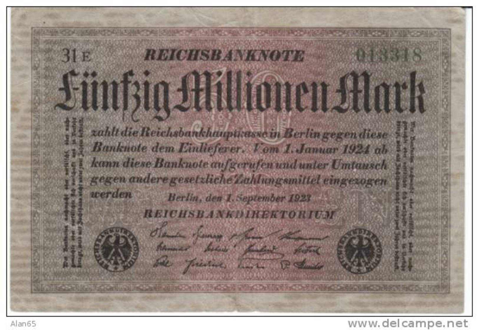 #109a Germany 50 Million Marks 1.9.1923 Banknote Currency - 50 Millionen Mark