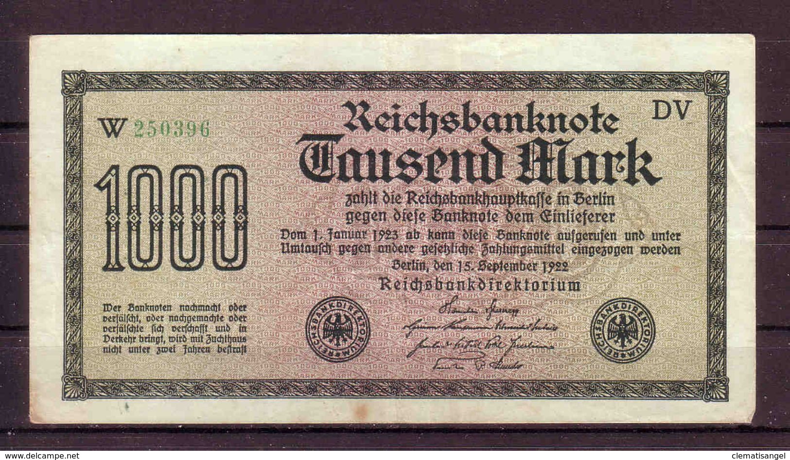 301d * DEUTSCHES REICH 75f * TAUSEND MARK * 15.SEPTEMBER 1922 **!! - 1.000 Mark