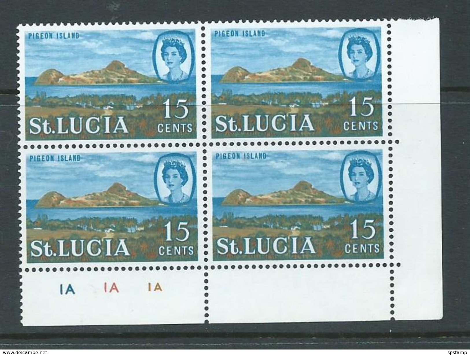 Saint Lucia 1968 15c Pigeon Island Definitive Sideways Watermark MNH Plate Number Block Of 4 - St.Lucia (1979-...)