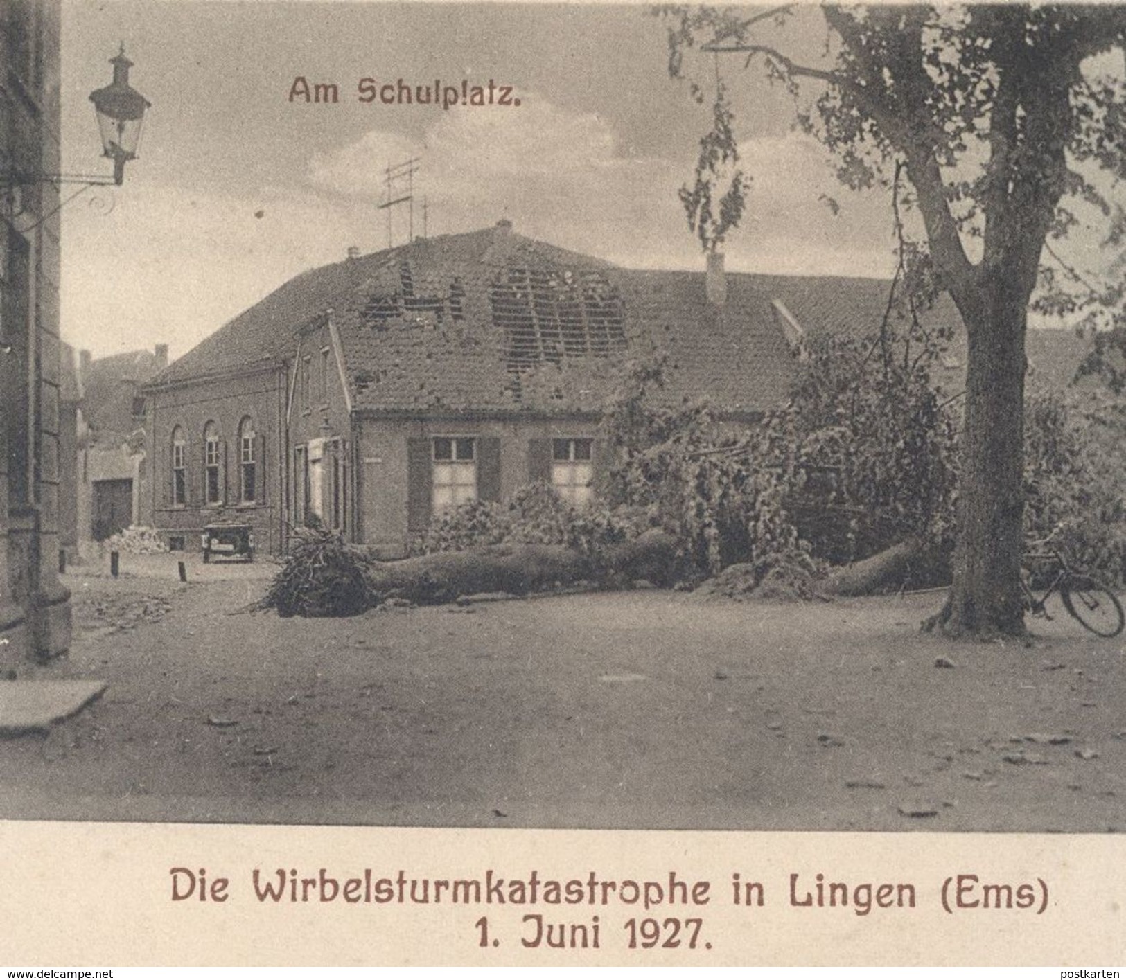 ALTE POSTKARTE WIRBELSTURMKATASTROPHE LINGEN 1. JUNI 1927 LIKÖRFABRIK LAMBERTIA AM SCHULPLATZ Sturm Storm Postcard - Lingen