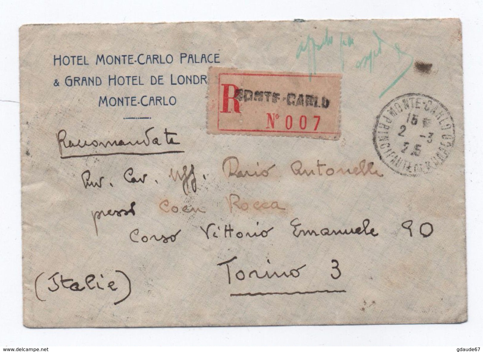 1925 - ENVELOPPE RECOMMANDÉE De MONTE CARLO (MONACO) Pour TORINO (ITALIE) - HOTEL MONTE CARLO PALACE - Marcofilia