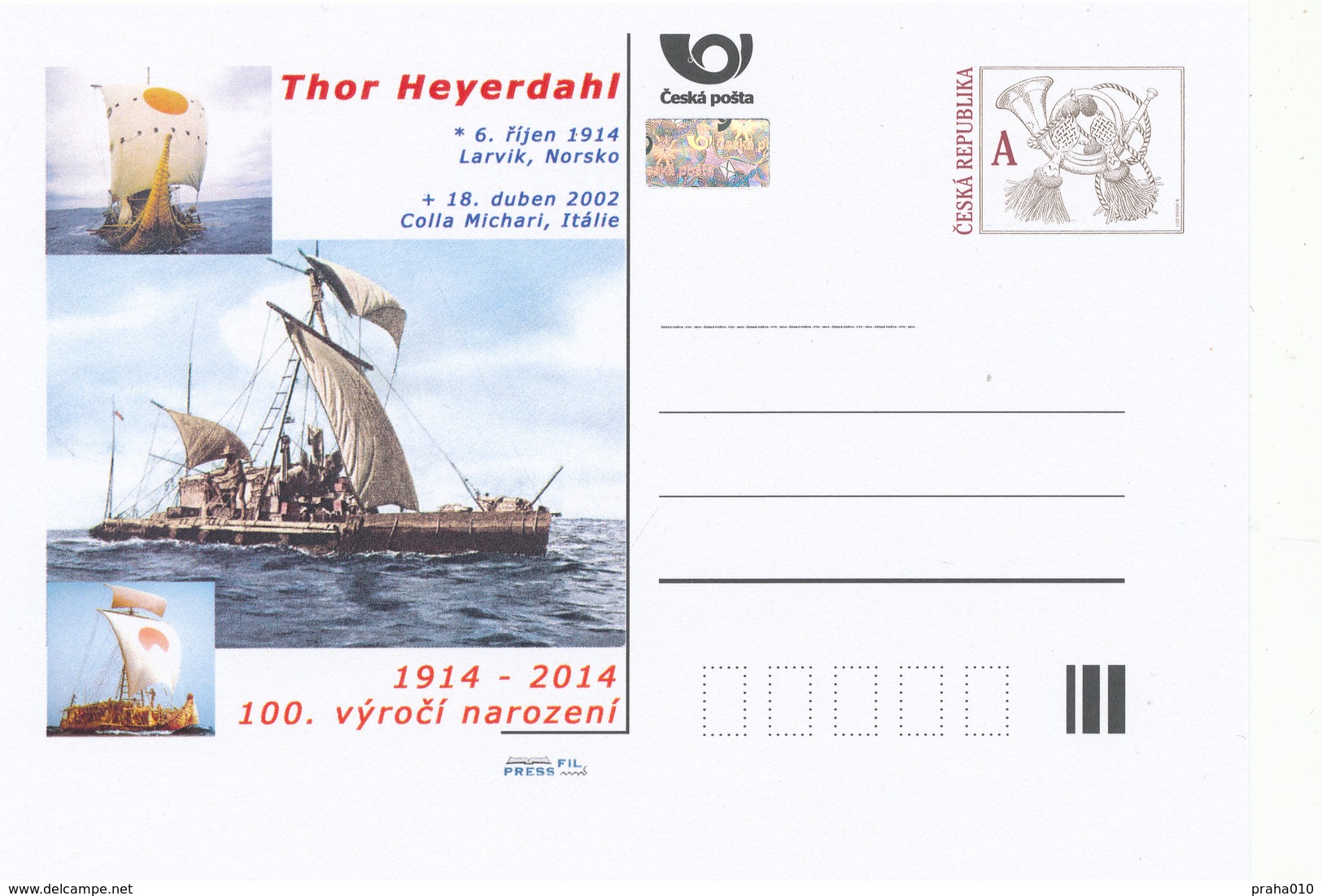 Tschech. Rep. / Ganzsachen (Pre2014/42) Thor Heyerdahl (1914-2002) Norwegischer Abenteurer Und Ethnograph, ... - Fotografía