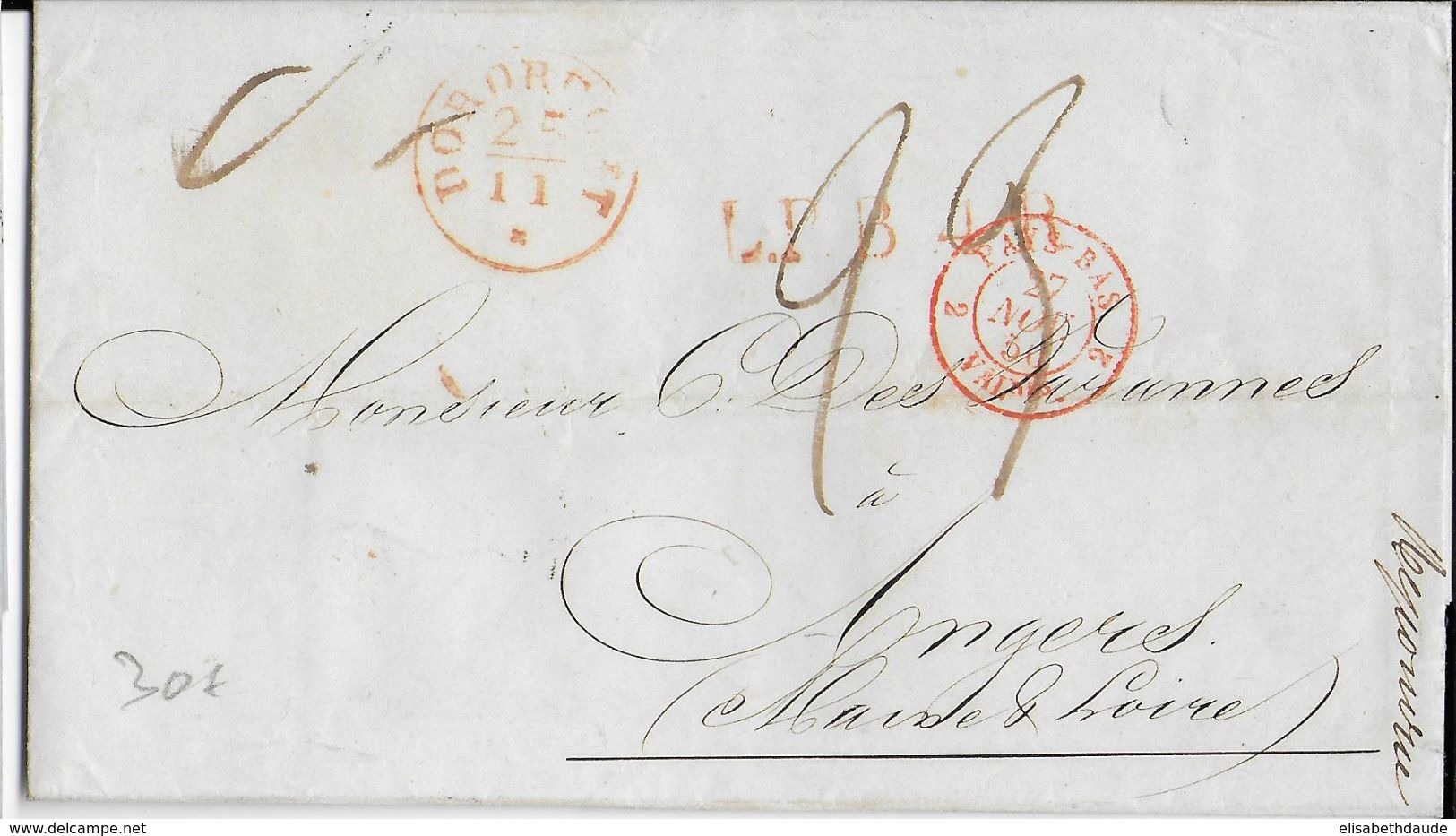 NEDERLAND - 1850 - LETTRE De DORDRECHT Avec CACHET D' ENTREE PAYS-BAS Par VALENCIENNES => ANGERS (MAINE ET LOIRE) - Entry Postmarks