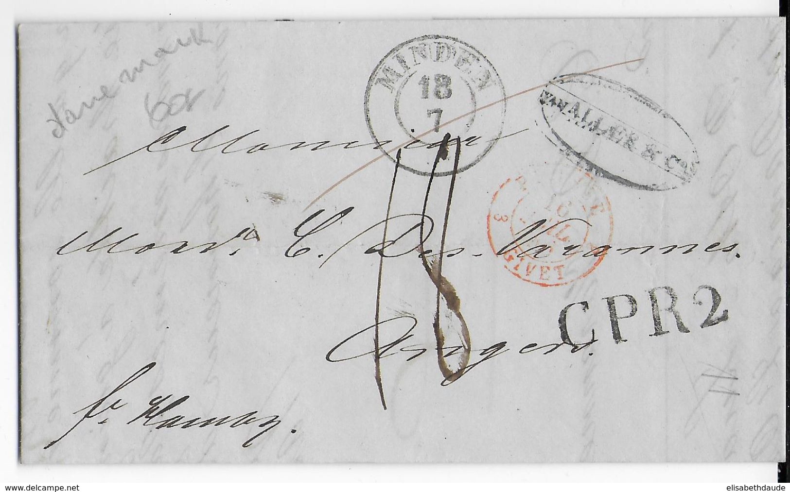 DANEMARK - 1846 - LETTRE De ELSENEUR (HELSINGOR) Avec CACHET D' ENTREE PRUSSE Par GIVET => ANGERS Via MINDEN - ...-1851 Prefilatelia