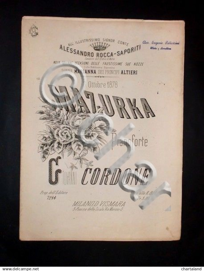 Musica Spartiti - 6 Ottobre 1878 - Mazurka Per Pianoforte - Giovanni Cordone - Unclassified