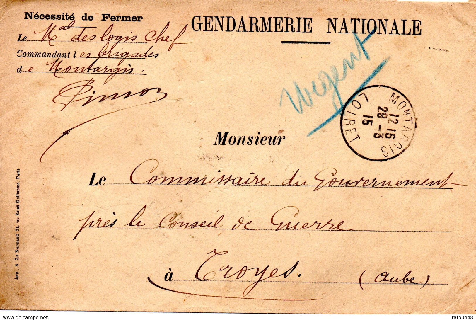 Lettre  De La Gendarmeire De Montargis -  Du 29.03.1915 - Police - Gendarmerie