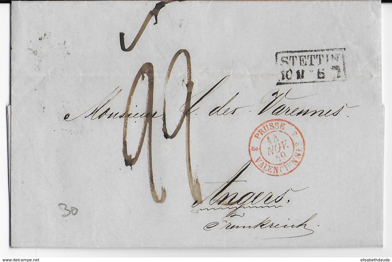 PRUSSE - 1849 - LETTRE De STETTIN Avec CACHET D' ENTREE PRUSSE Par VALENCIENNES => ANGERS - Marques D'entrées