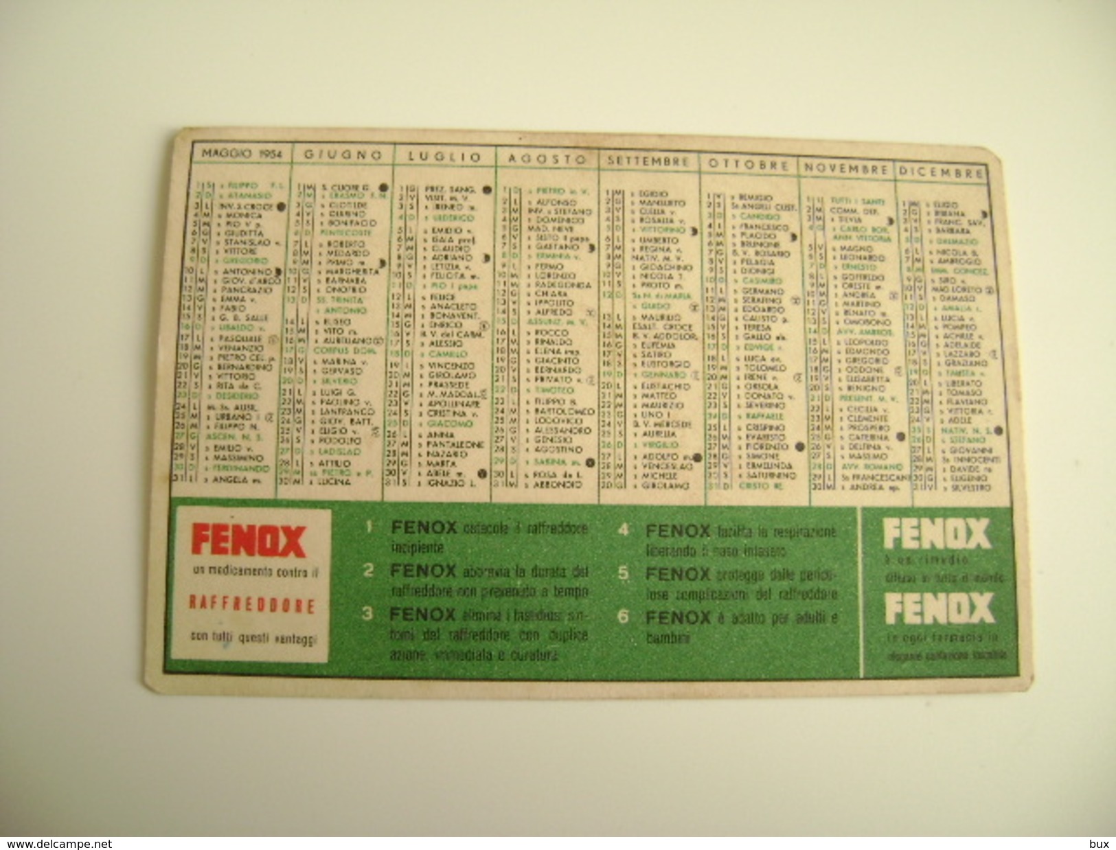 1954  FENOX   FORMENTI MILANO  BOOTS Nottingham  Farmacia PHARMACIE MÉDECIN   Calendarietto    CALENDARIO CALENDRIER - Petit Format : 1961-70