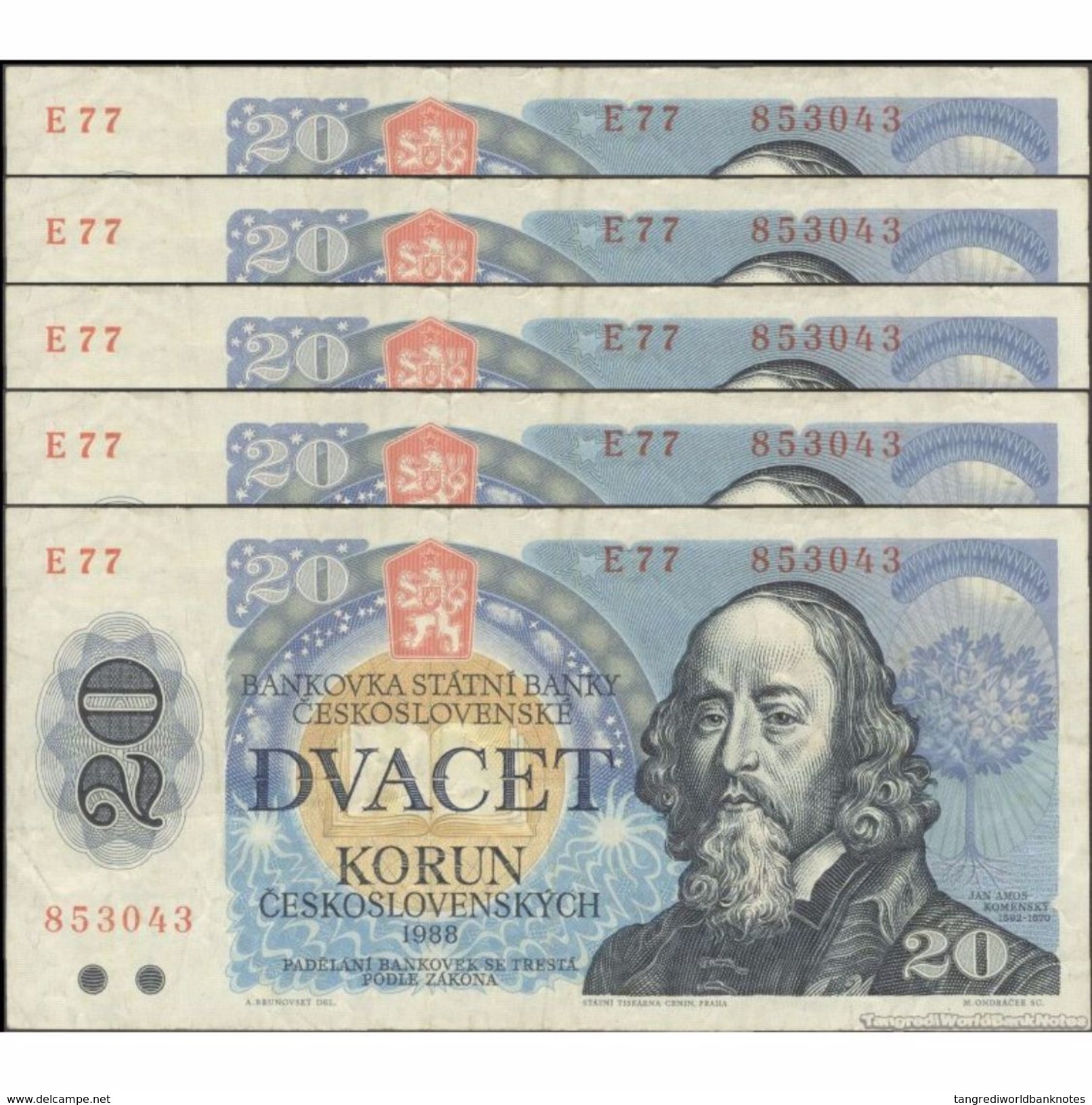 TWN - CZECHOSLOVAKIA 95 - 20 Korun 1988 DEALERS LOT X 5 - Series E FINE - Cecoslovacchia