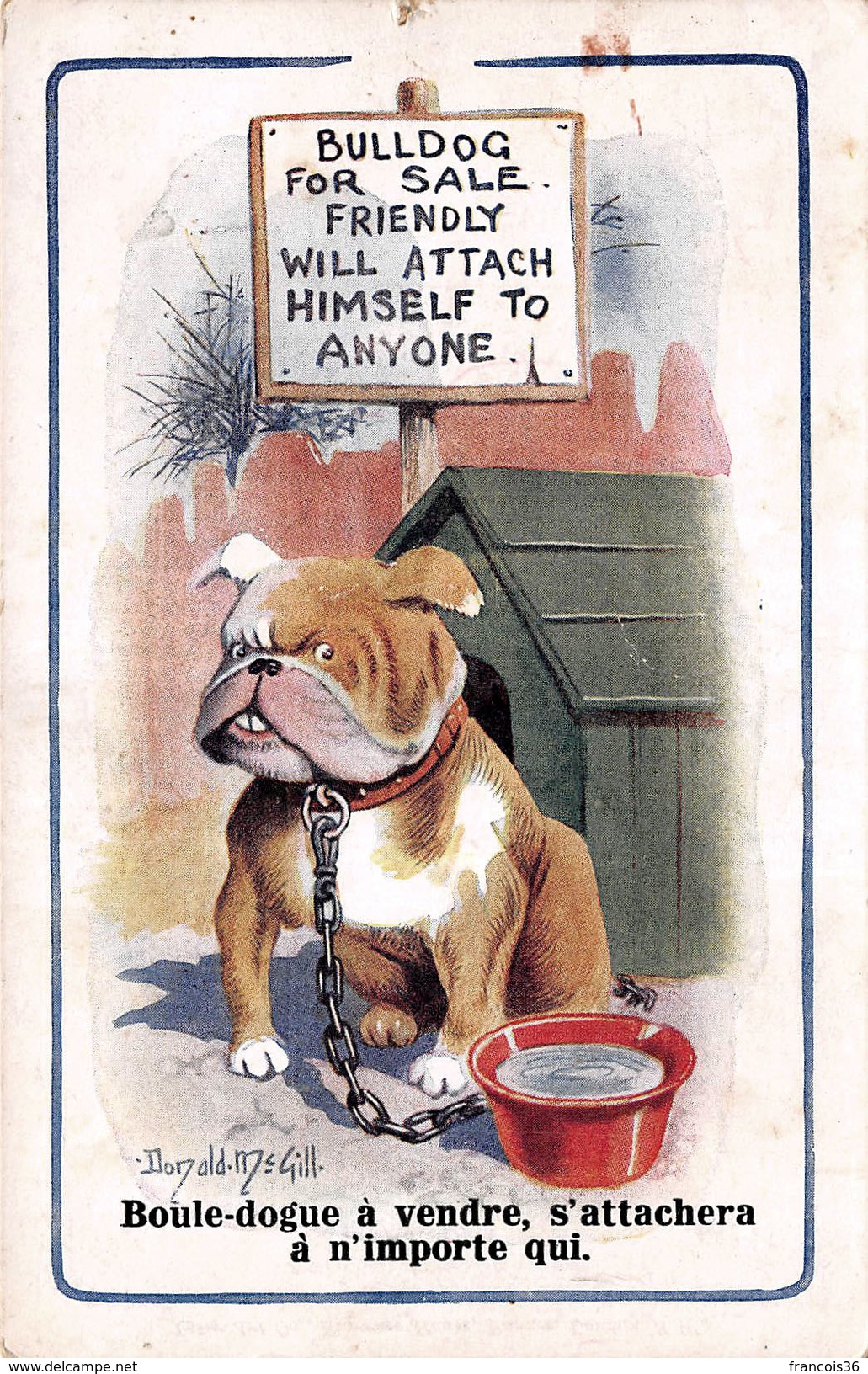 Illustration Comique Humour - Bouledogue à Vendre S'attechera à N'importe Qui - Chiens