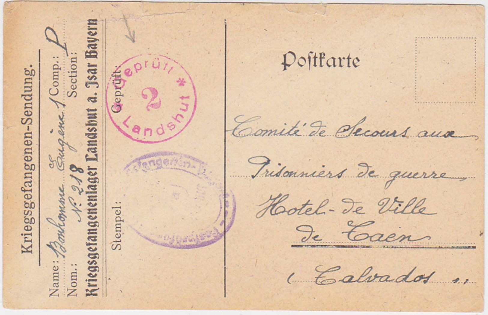 FRANCE GERMANY 1918 (21.2.) P.O.W. PC CAMP LANDSHUT (Isar) TO CAEN - Sonstige & Ohne Zuordnung