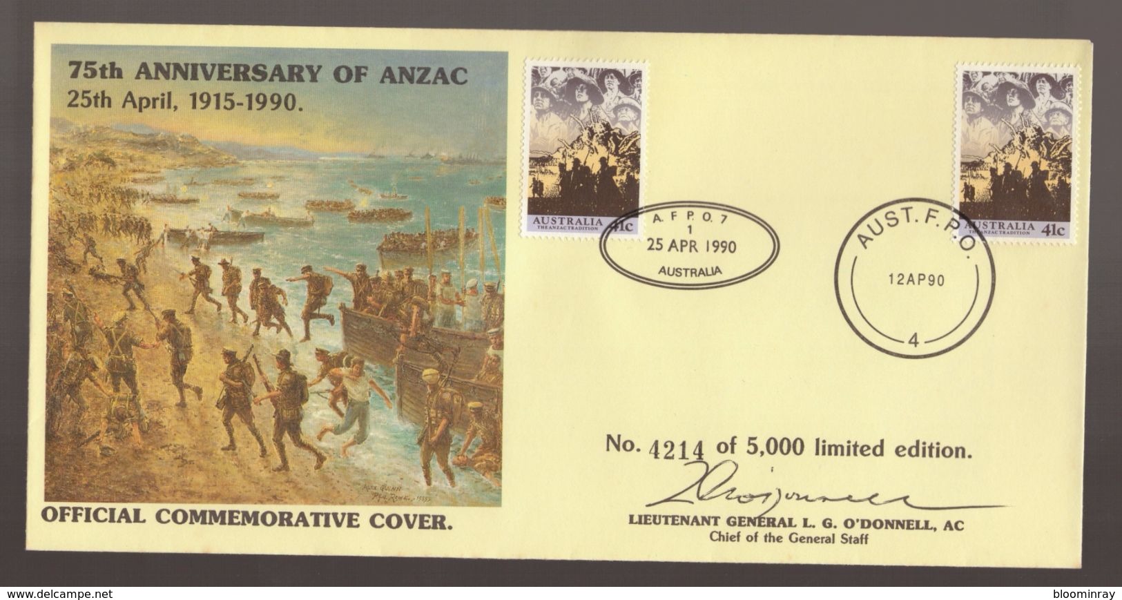 75th Anniversary ANZAC Australia Military Limited Edition Commemorative Army Museum Cover Plus A.F.P.O.7 + 4 Cancels - Primo Giorno D'emissione (FDC)