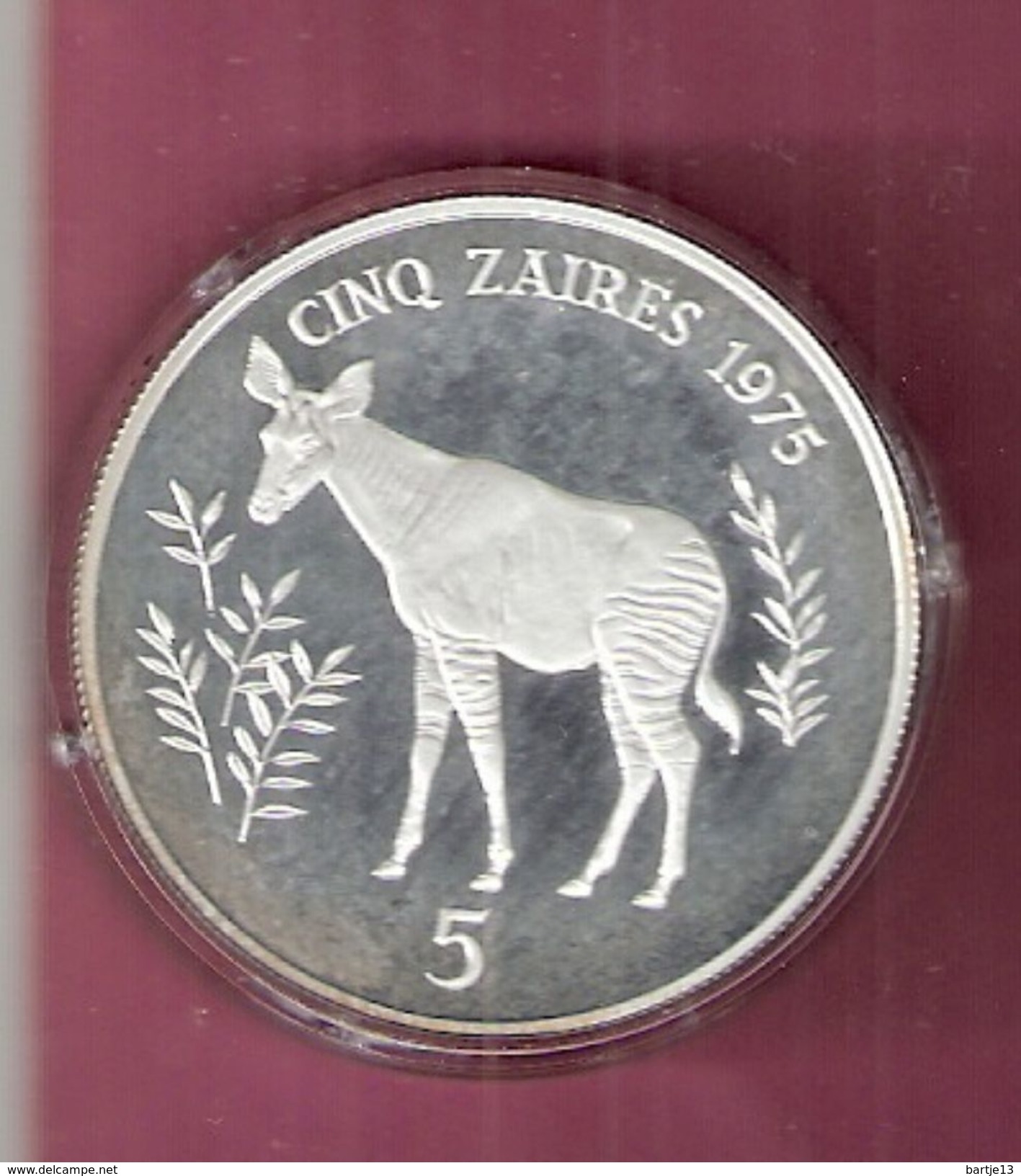 ZAIRE 5 ZAIRES 1975 SILVER PROOF WWF OKAPI SPOTS ON CAPSEL - Zaïre (1971-97)