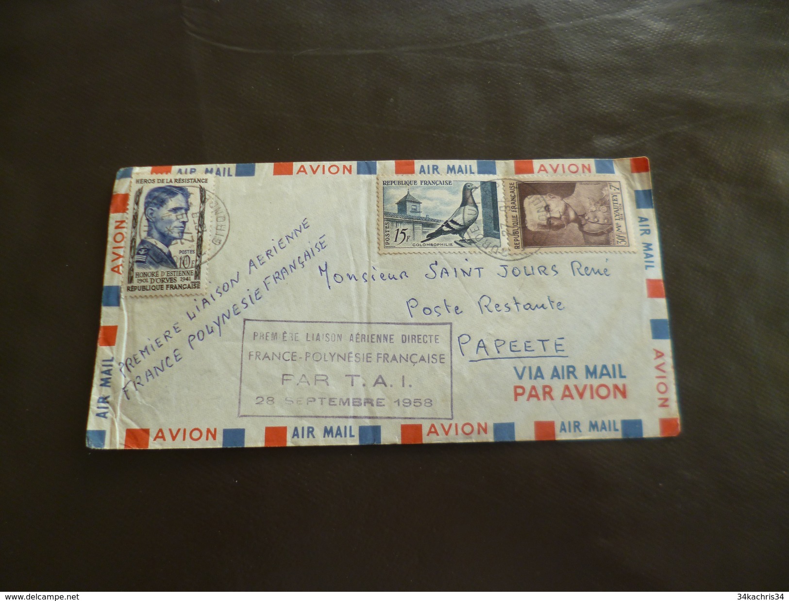 Lettre France Premier Vol Aviation Première Liaison France/Polynésie Par T.A.I. 28/09/1958 - 1960-.... Briefe & Dokumente