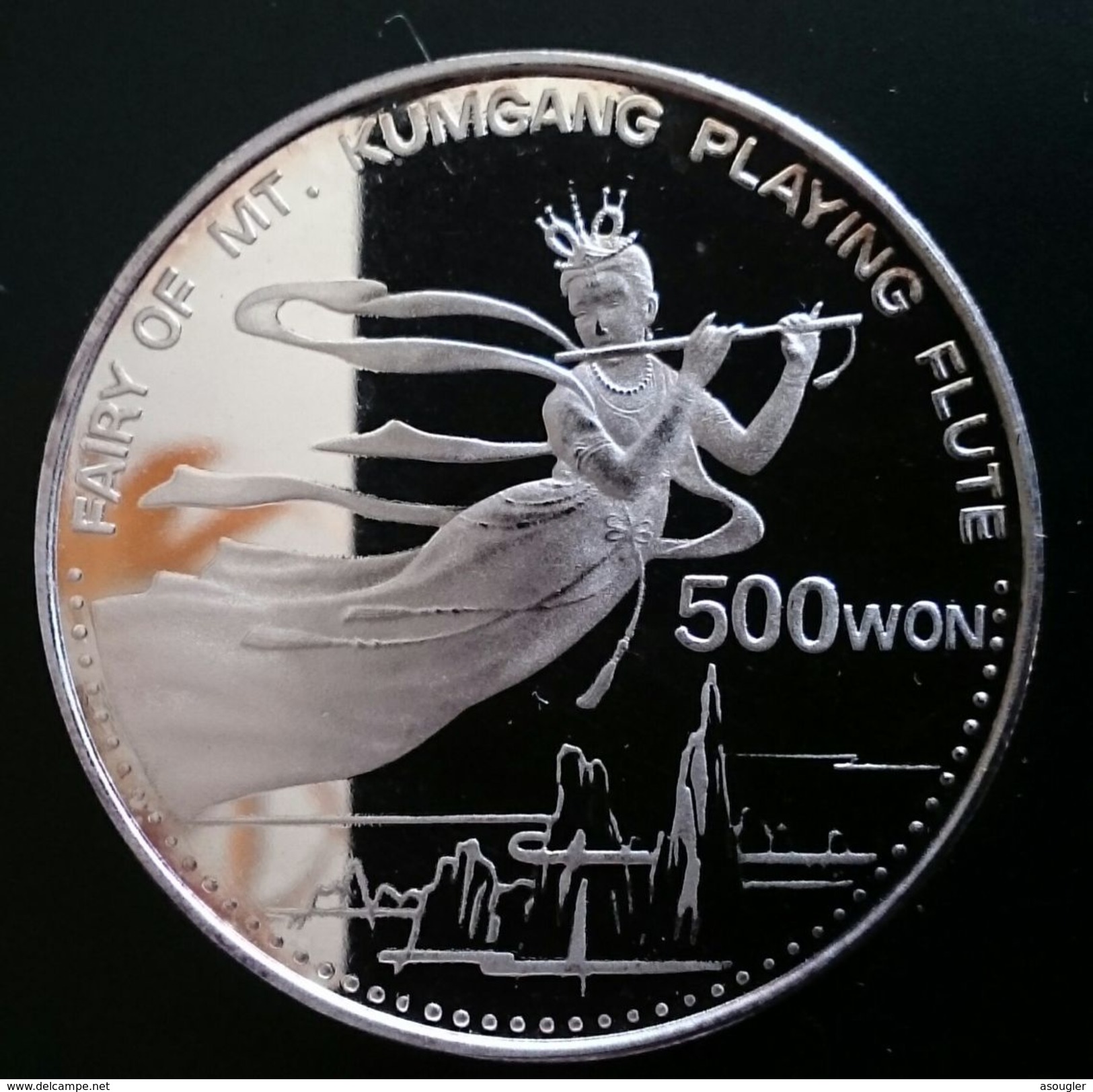 NORTH KOREA 500 WON 1989 SILVER PROOF - ERROR - "Fairy Of Mount Kumgang Playing A Flut"  Free Shipping Via Registered - Korea (Nord-)