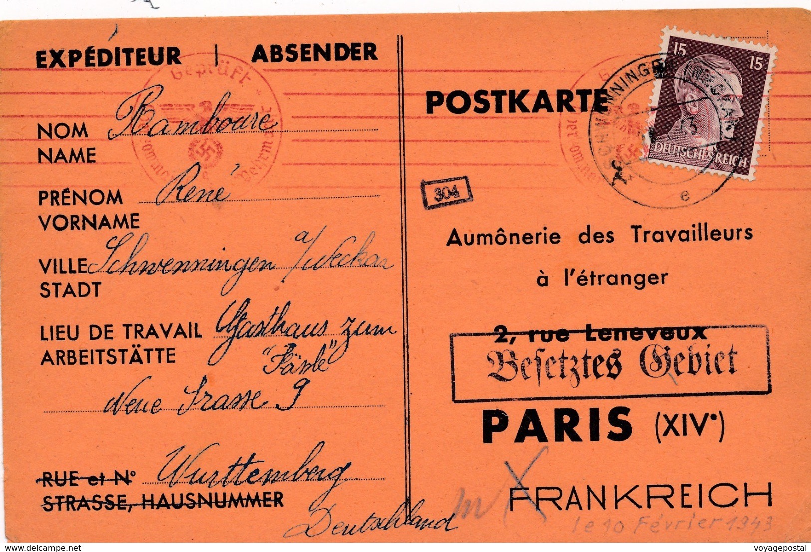 Carte Schwenningen Neckar Flamme Lineaire Censure WWII - Lettres & Documents