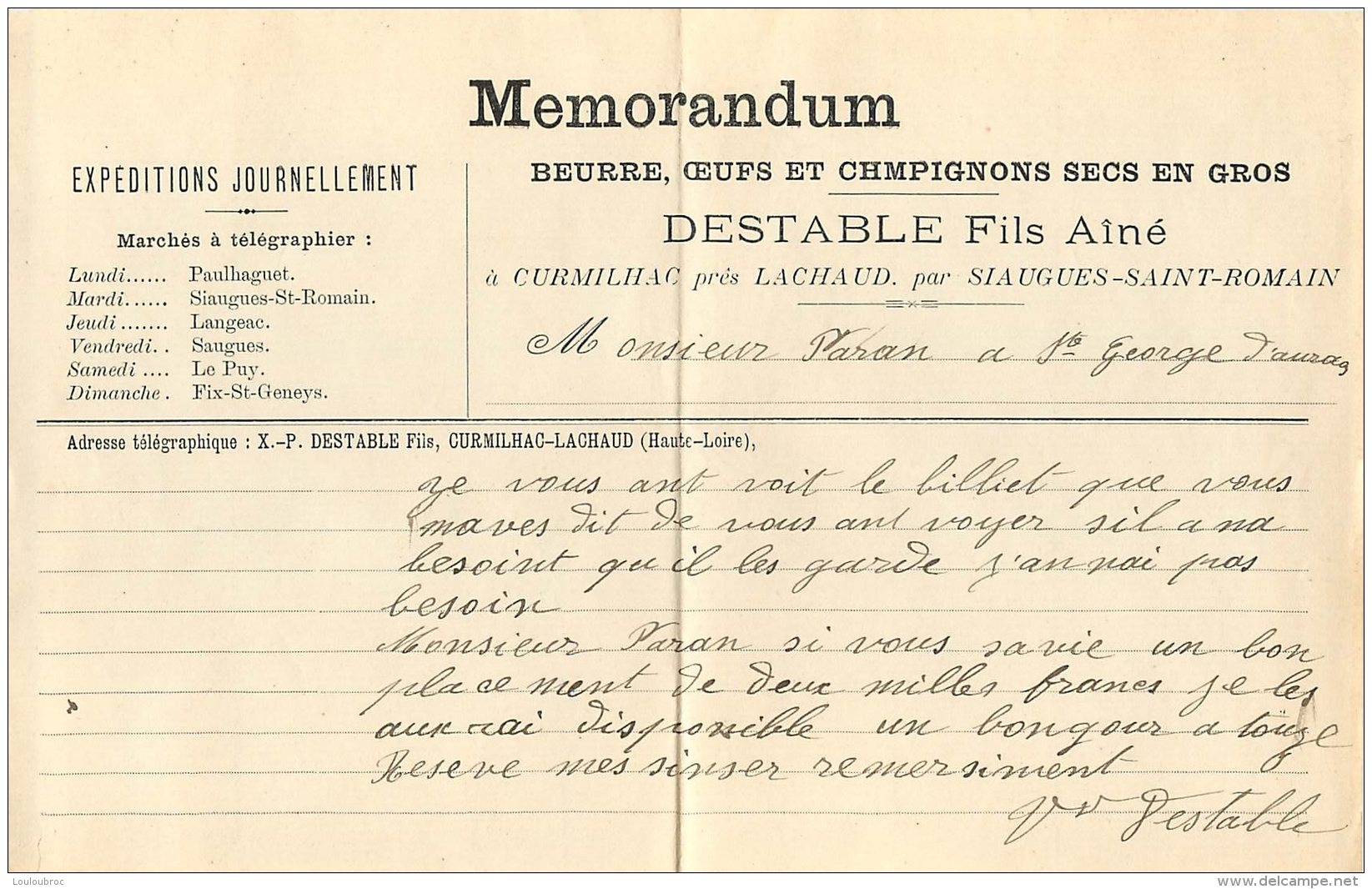 MEMORANDUM ETS DESTABLE FILS BEURRE OEUFS A CURMILHAC PRES LACHAUD - 1900 – 1949