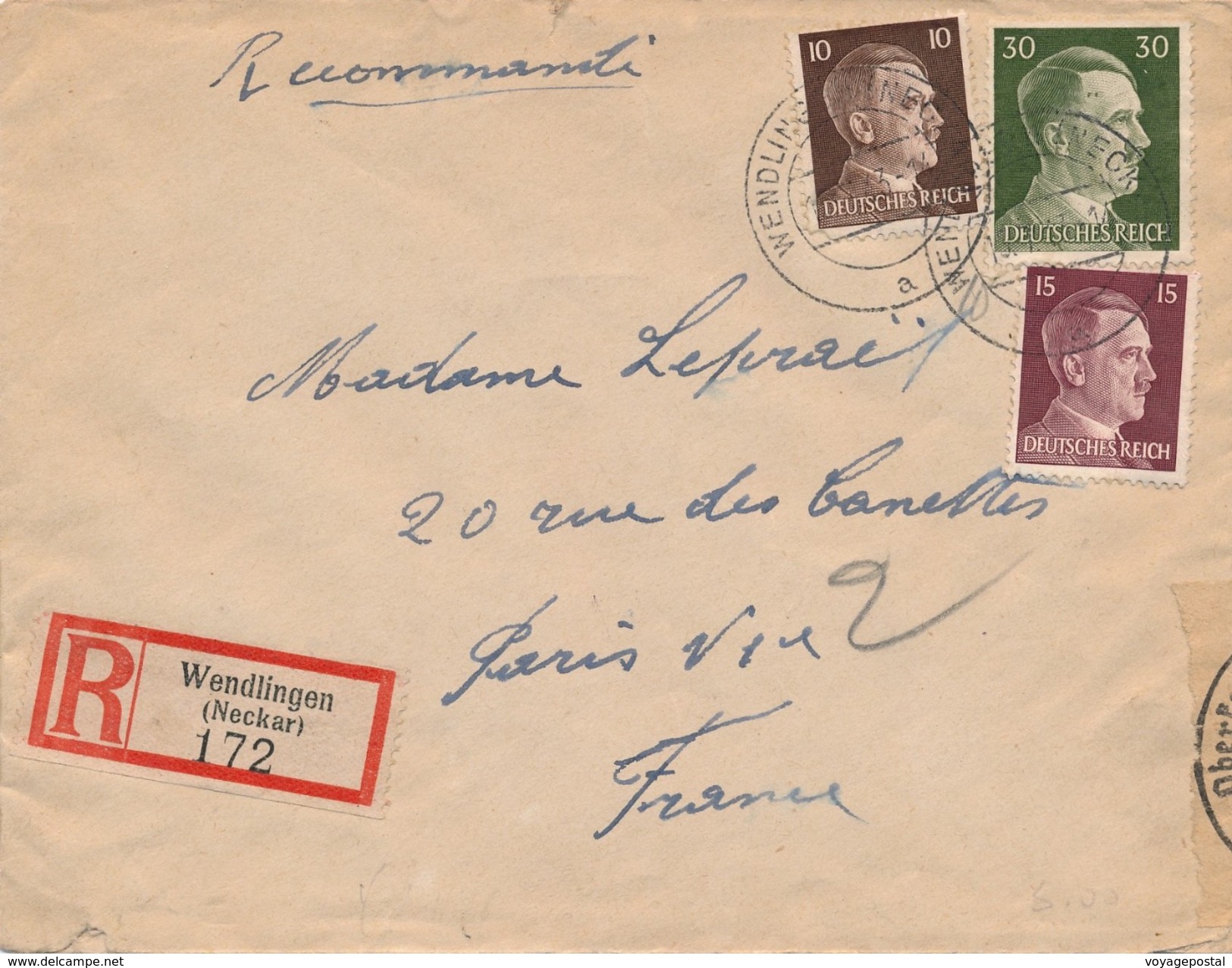 Lettre Recommandée Hitler Wendlingen (Neckar) Censure WWII - Lettres & Documents