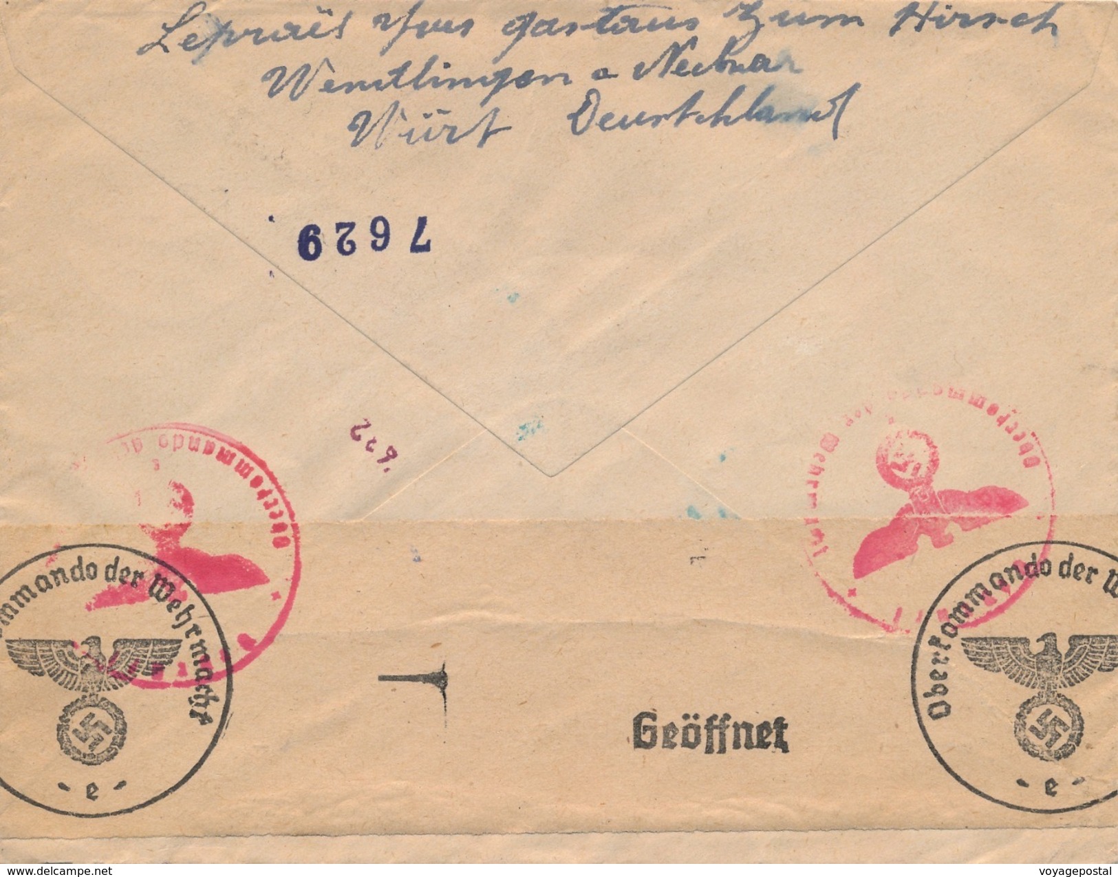 Lettre Recommandée Hitler Wendlingen (Neckar) Censure WWII - Lettres & Documents