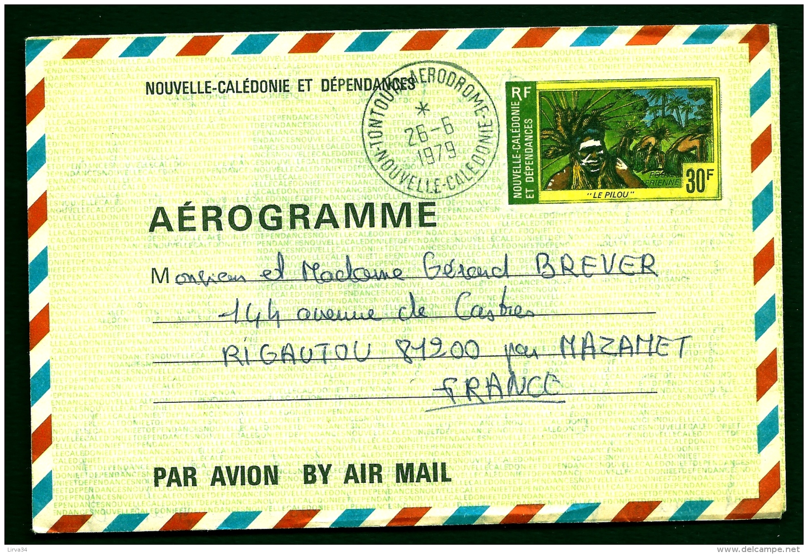 LETTRE AEROGRAMME DE NOUVELLE CALÉDONNIE ET DÉPENDANCES- TIMBRE "LE PILOU" 30 F.-  CAD 26-5-1979 - 1960-.... Cartas & Documentos