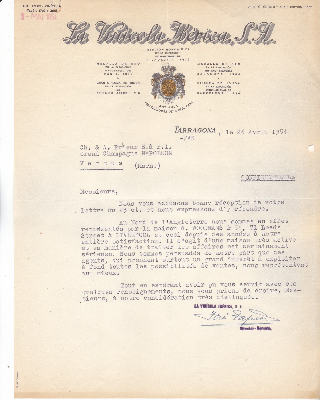 Espagne- Tarragona, La Vinicola Iberica S A. Lettre Illustrée De 1954. Tb état. - Spain