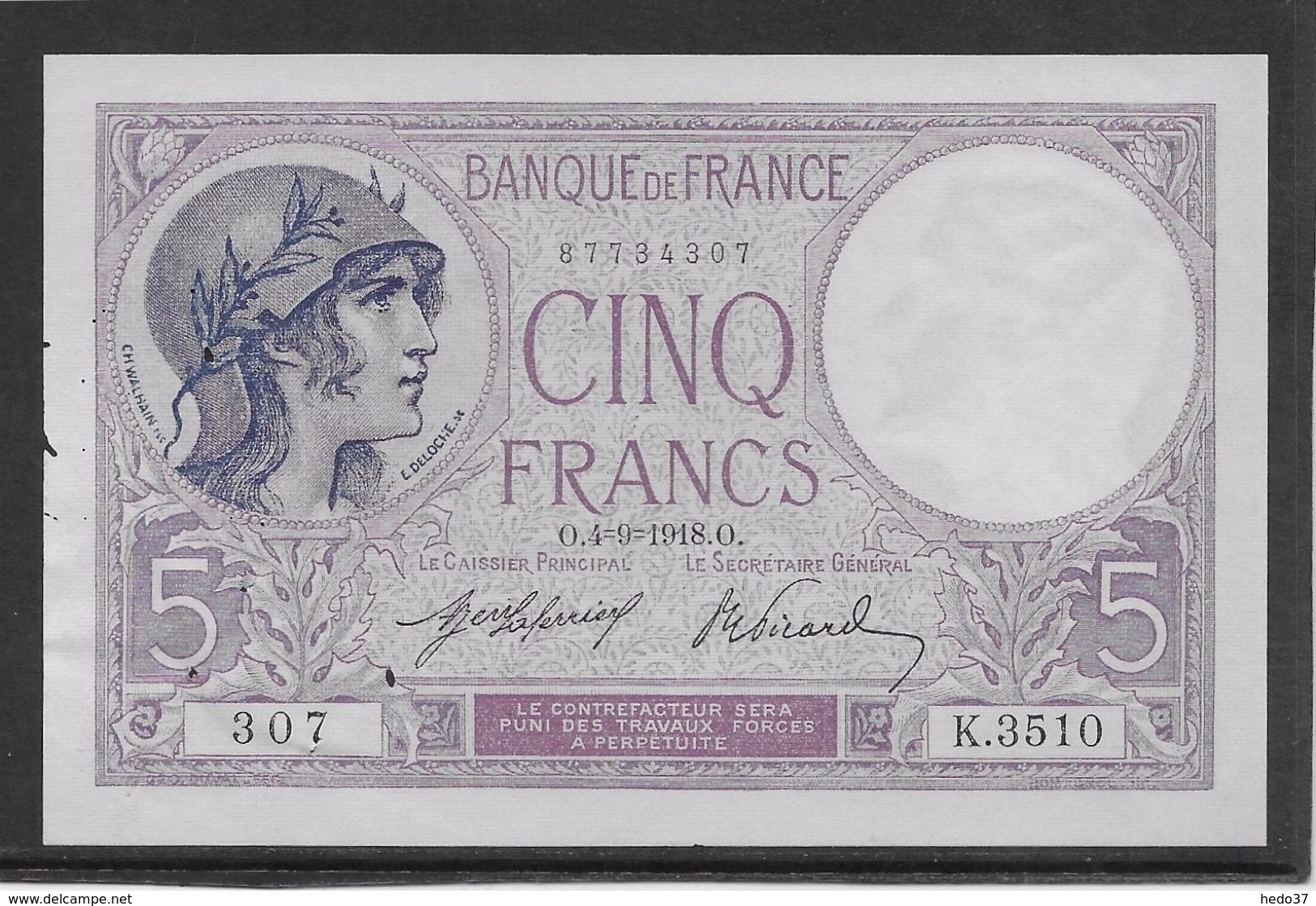 France 5 Francs Violet Type 1917 - 4-9-1918 - Trous Vermiculaires Sinon Neuf - 5 F 1917-1940 ''Violet''