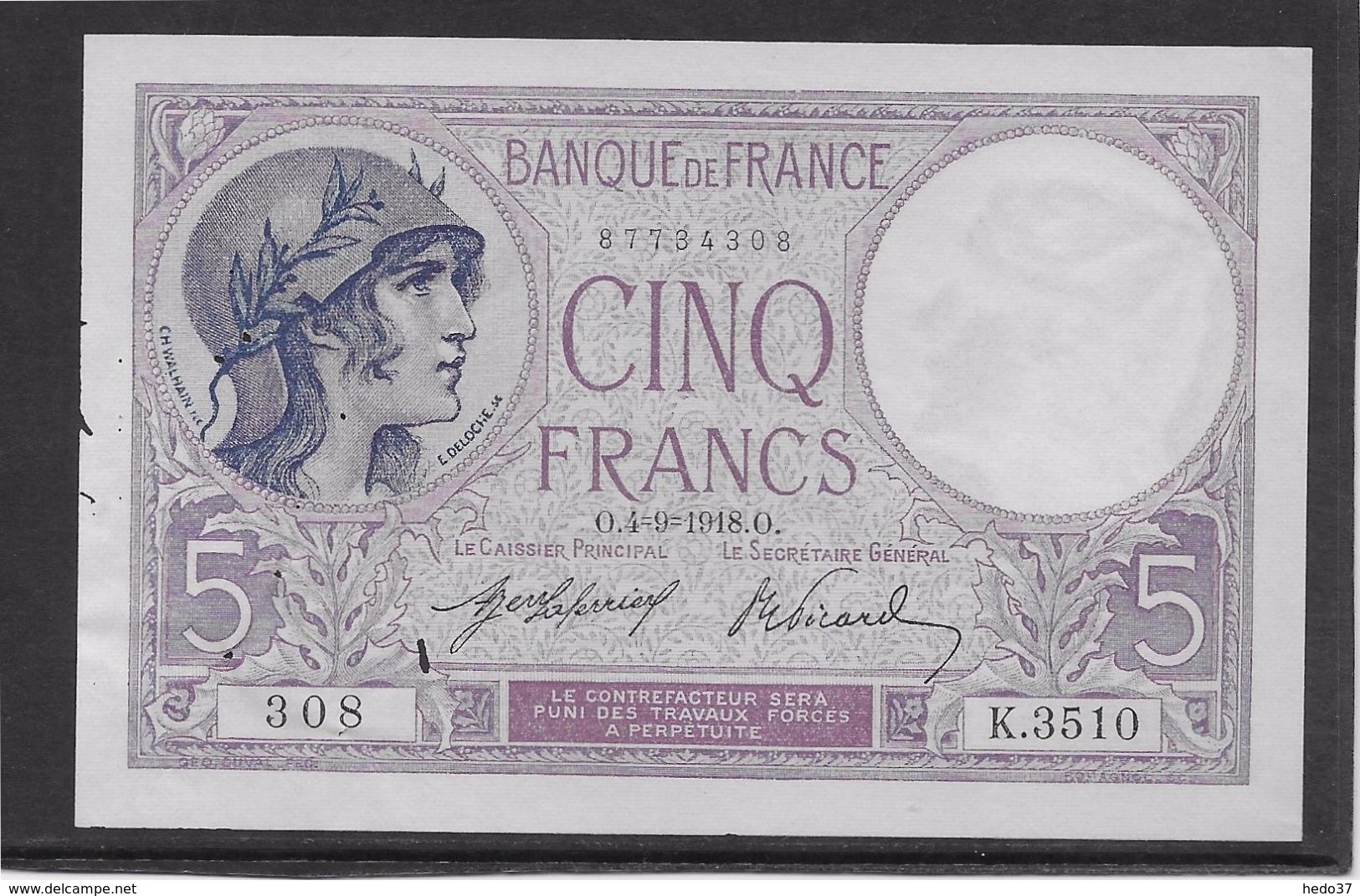 France 5 Francs Violet Type 1917 - 4-9-1918 - Trous Vermiculaires Sinon Neuf - 5 F 1917-1940 ''Violet''