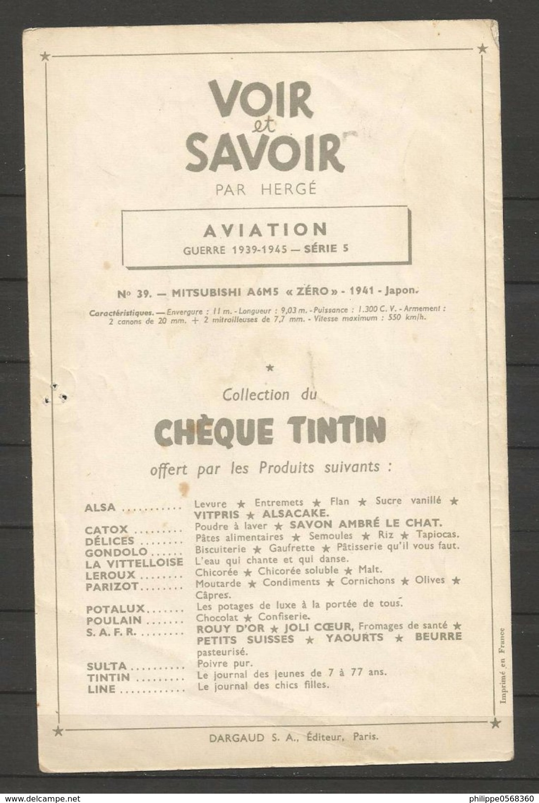 Chromo Tintin Collection "Voir Et Savoir" L'aviation De La Guerre 1939-1945 - Autres & Non Classés