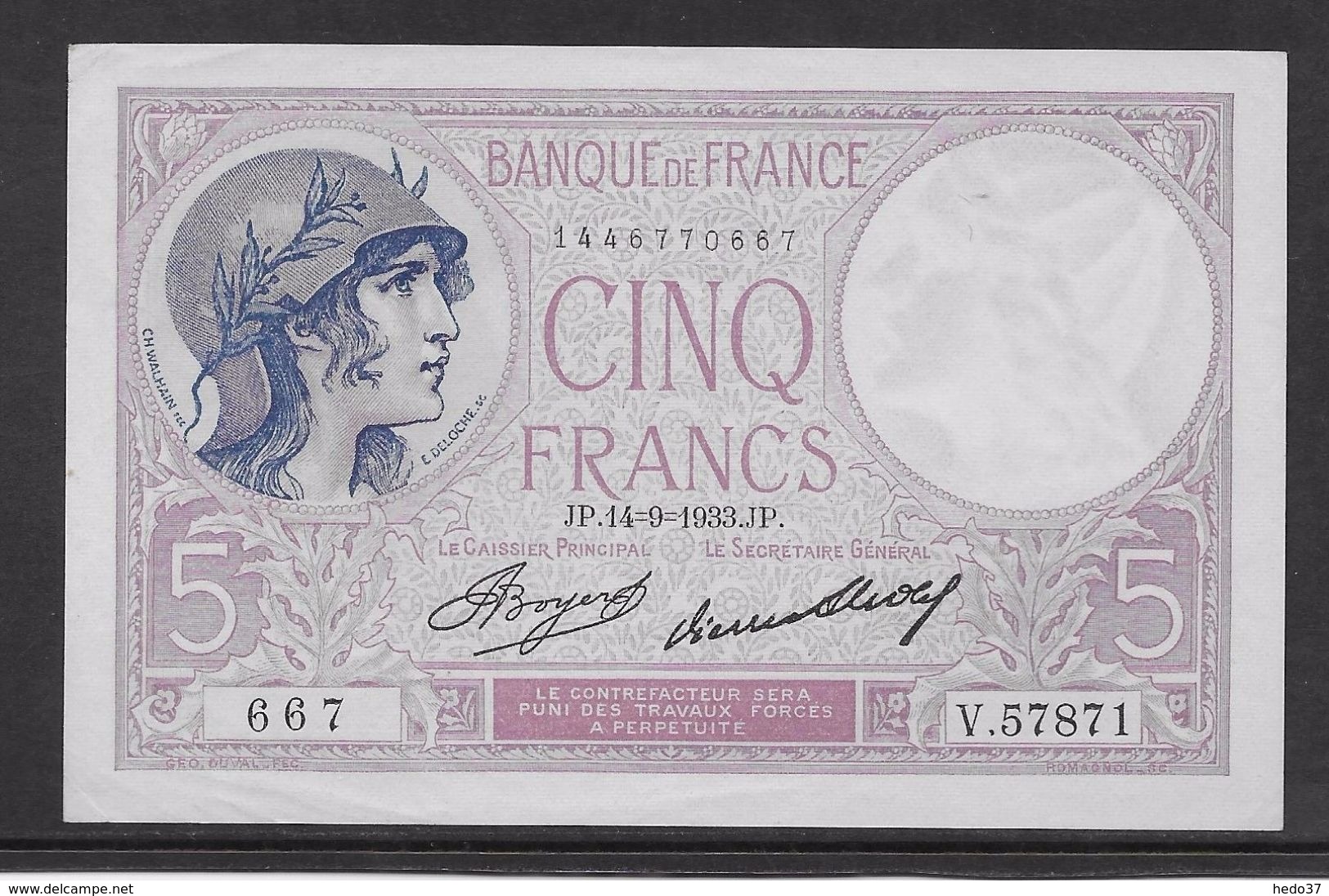 France 5 Francs Violet Type 1917 - 14-9-1933 - SPL - 5 F 1917-1940 ''Violet''