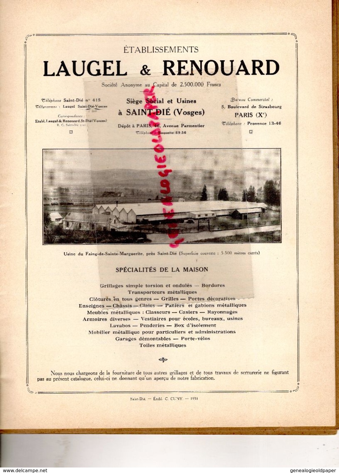 88-SAINT DIE-RARE BEAU CATALOGUE ETS. LAUGEL & RENOUARD-MEUBLES METALLIQUES-MARSEILLE-USINE FAING SAINTE MARGUERITE-1934 - Documenti Storici