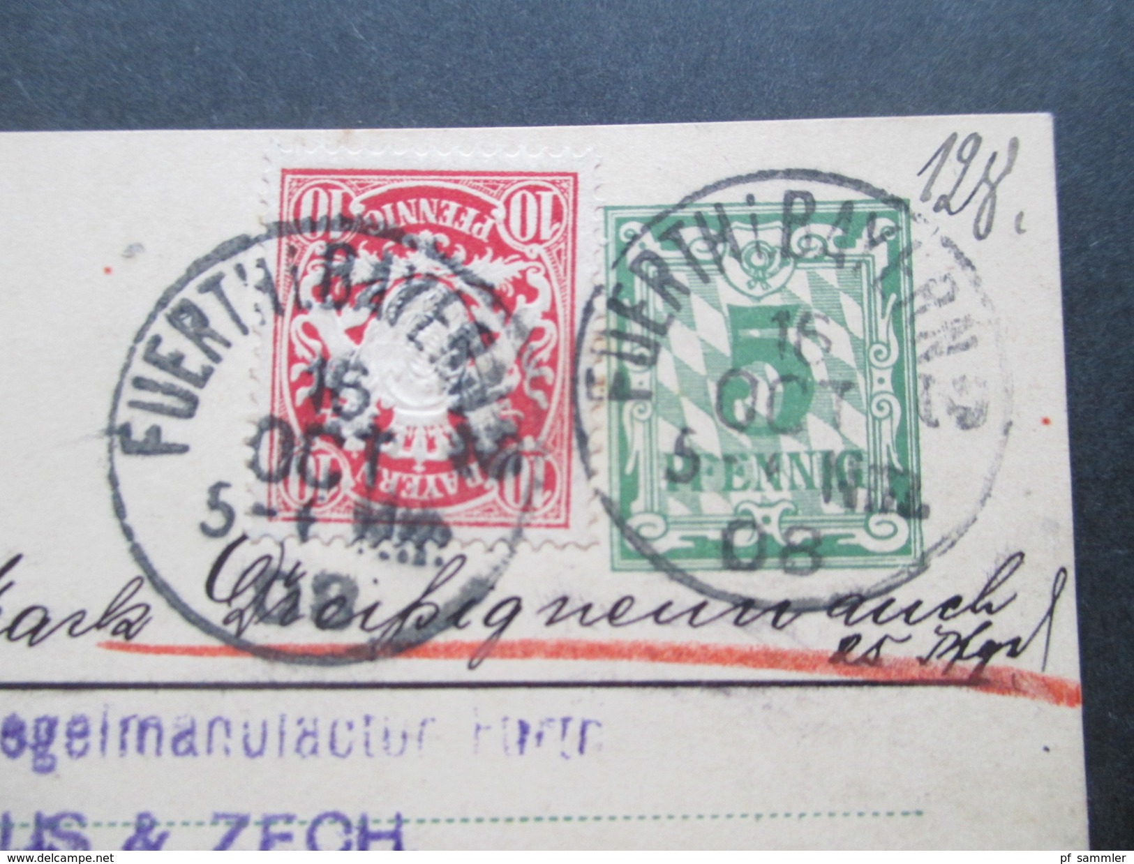 AD Bayern 1908 GA Mit Zusatzfrankatur! Interessante Verwendung! Nachnahme. Glas & Spiegelmanufactur Fürth - Radeburg - Postal  Stationery