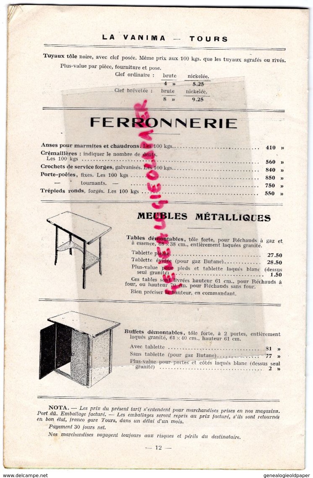 37- TOURS- RARE CATALOGUE LA VANIMA-FERBLANTERIE-TOLERIE-FERRONNERIE-16 RUE REPUBLIQUE- 1936-ARROSOIR-ENTONNOIR-