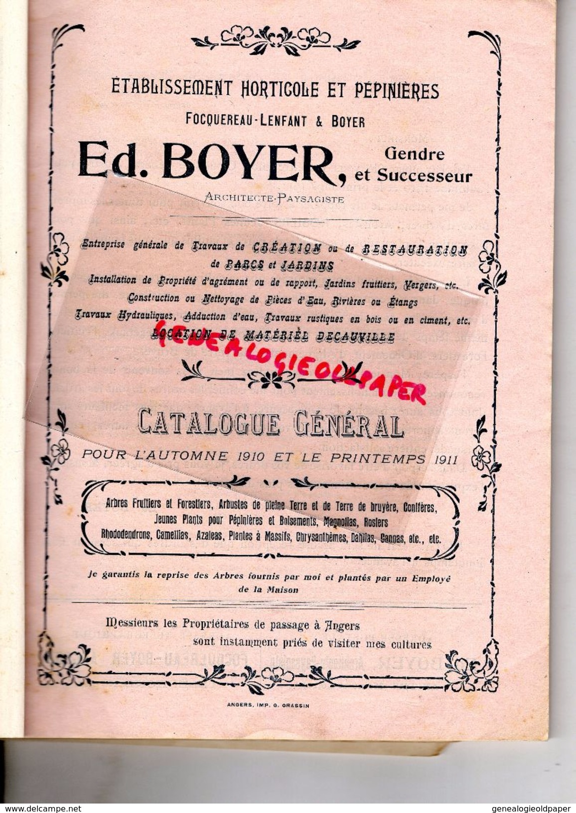 49- ANGERS-RARE CATALOGUE FOCQUEREAU LENFANT BOYER- ARCHITECTE PAYSAGISTE-HORTICULTURE PEPINIERES-25 RUE ST LEONARD-1910