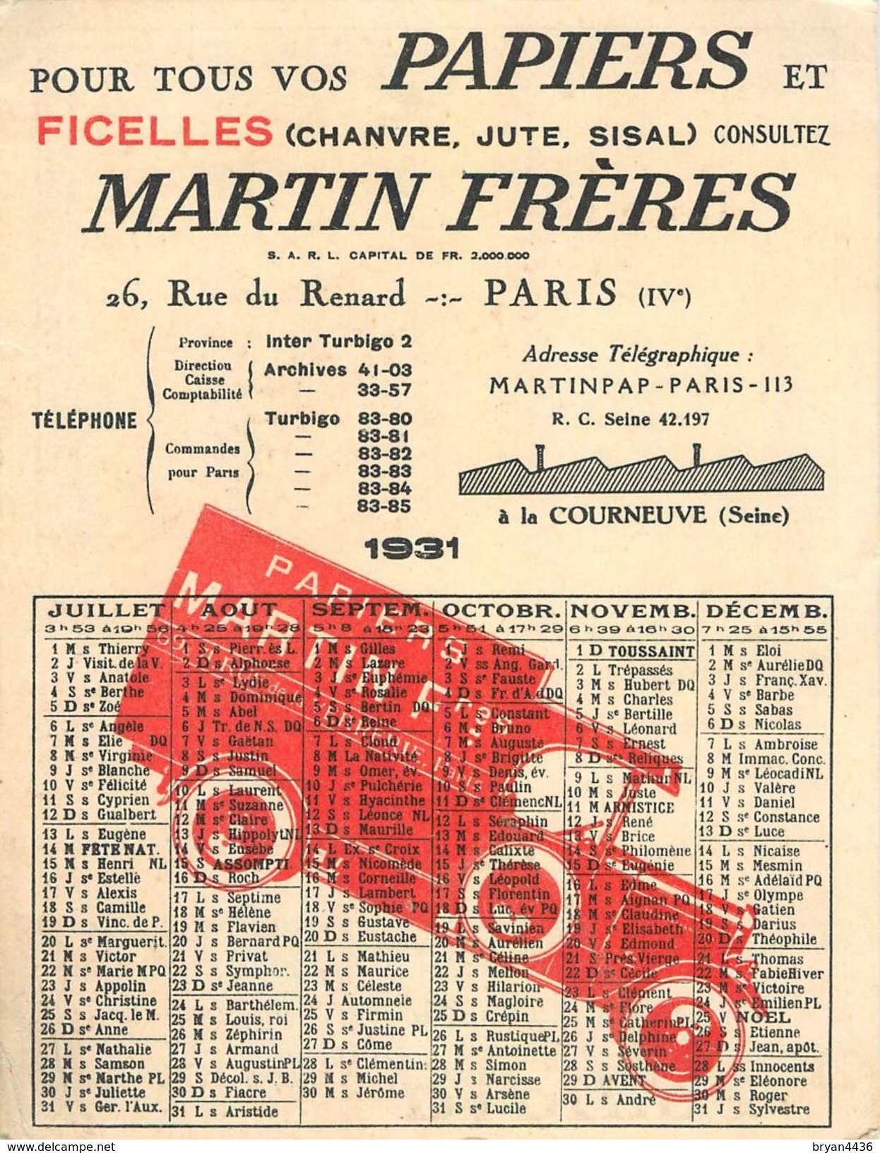 PAPIERS & FICELLES "MARTIN FRERES" - 26, RUE RENARD - PARIS IV° - CARTE COMMERCIALE CALENDRIER - 1931 - (11,5 X 15 Cm) - Arrondissement: 04
