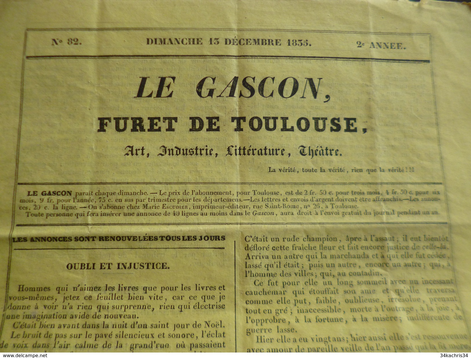 Le Gascon Furet De Toulouse Art, Industrie, Littérature, Théâtre 13/12/1835 4 Pages - 1800 - 1849