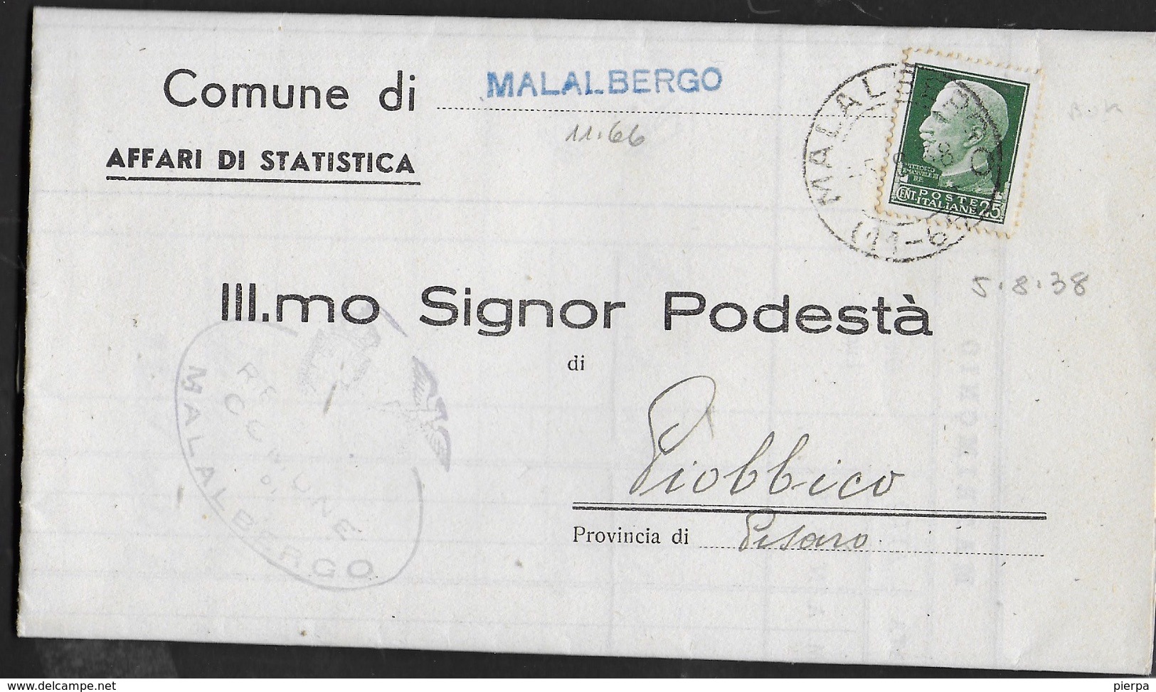 STORIA POSTALE REGNO - ANNULLO FRAZIONARIO MALALBERGO (BO) 11-66 SU PIEGO PER PIOBBICO (PU) 05.08.1938 - Storia Postale