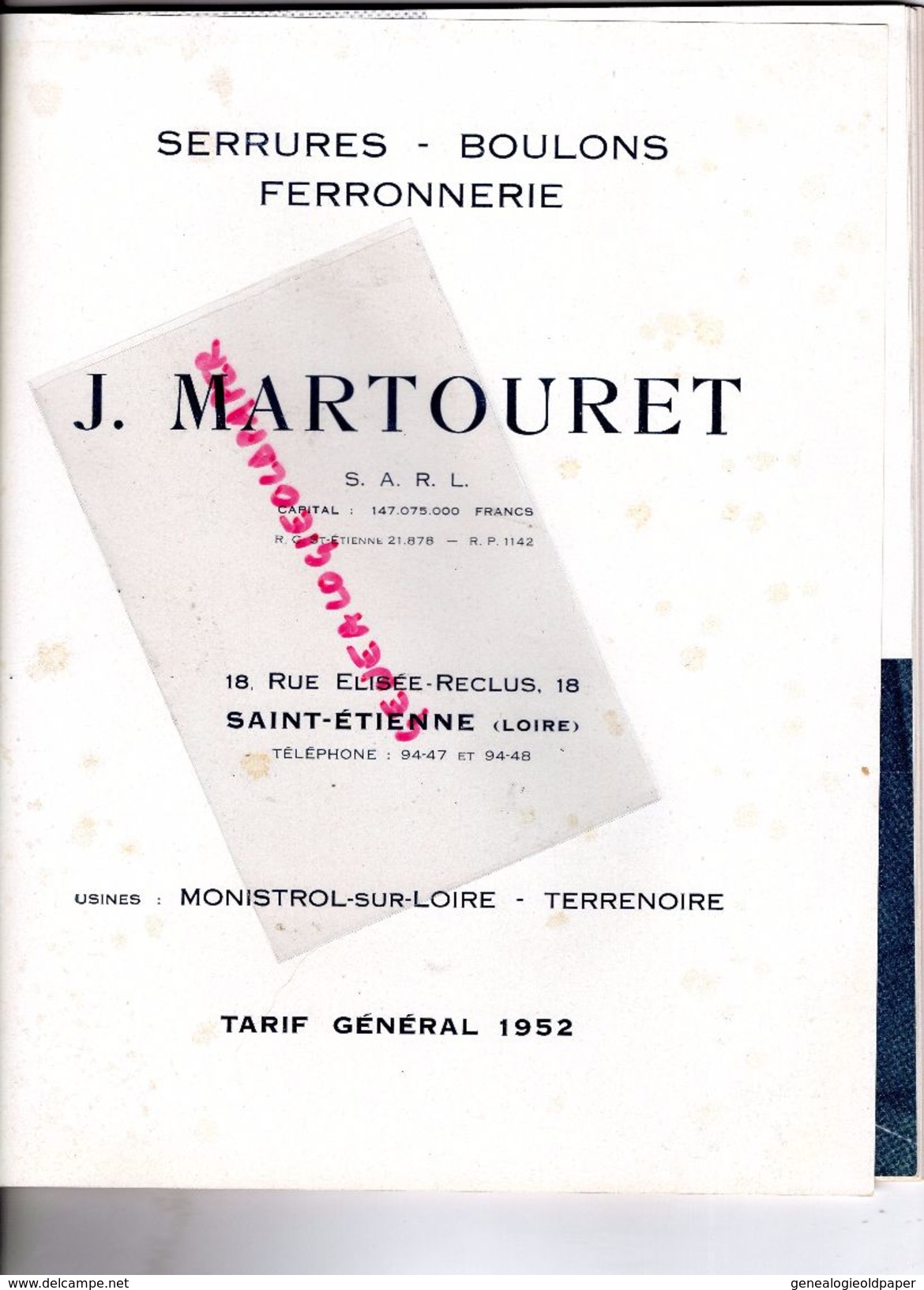 42-ST SAINT ETIENNE-MONISTROL SUR LOIRE-TERRENOIRE- RARE BEAU CATALOGUE J. MARTOURET-1952-SERRURES BOULONS FERRONNERIE- - Petits Métiers