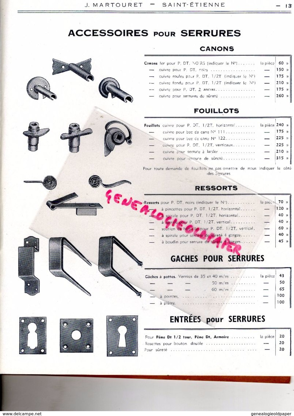 42-ST SAINT ETIENNE-MONISTROL SUR LOIRE-TERRENOIRE- RARE BEAU CATALOGUE J. MARTOURET-1952-SERRURES BOULONS FERRONNERIE-