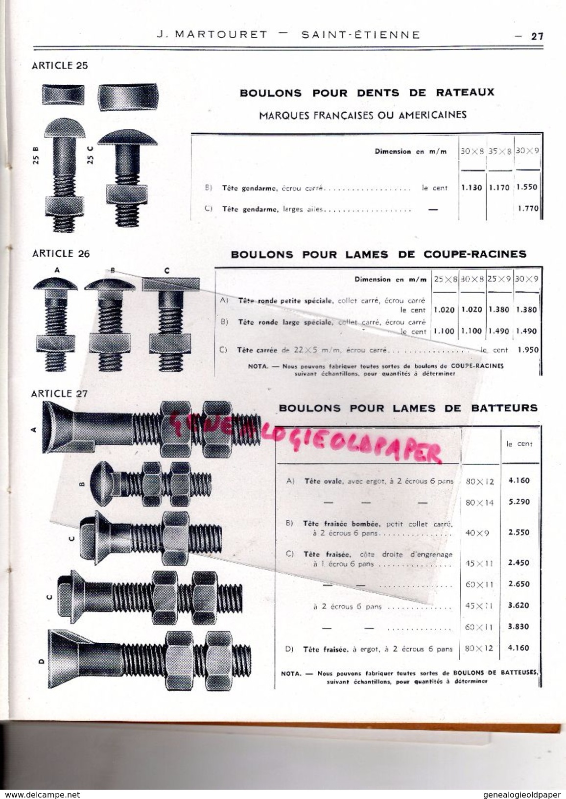 42-ST SAINT ETIENNE-MONISTROL SUR LOIRE-TERRENOIRE- RARE BEAU CATALOGUE J. MARTOURET-1952-SERRURES BOULONS FERRONNERIE-