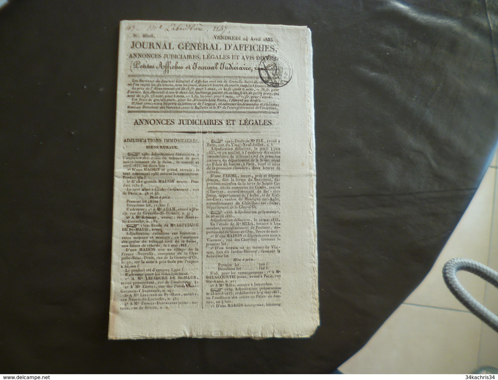 Journal Général D'affiches Annonces Judiciaires Légales Et Avis 24/04/1835 Paris 20 Pages - 1800 - 1849